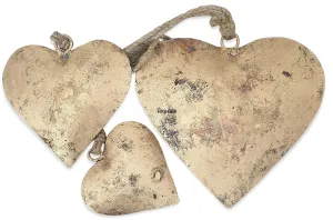 HIGHBIX Metal Handmade Rustic Heart Shape Set of 3 Rustic Vintage Lucky Hearts On Rope with Jute Bag Wall Hanging Décor