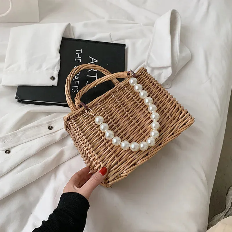 KIylethomasw Summer Straw Beach Bags for Women Handmade Rattan Woven Pearl Beading brand Design Handbags Travel Female Shoulder Bag Tote