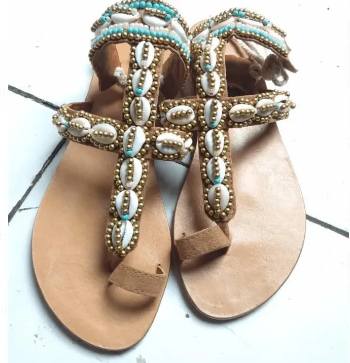 Leather Handmade Sandals/ Ocean blue