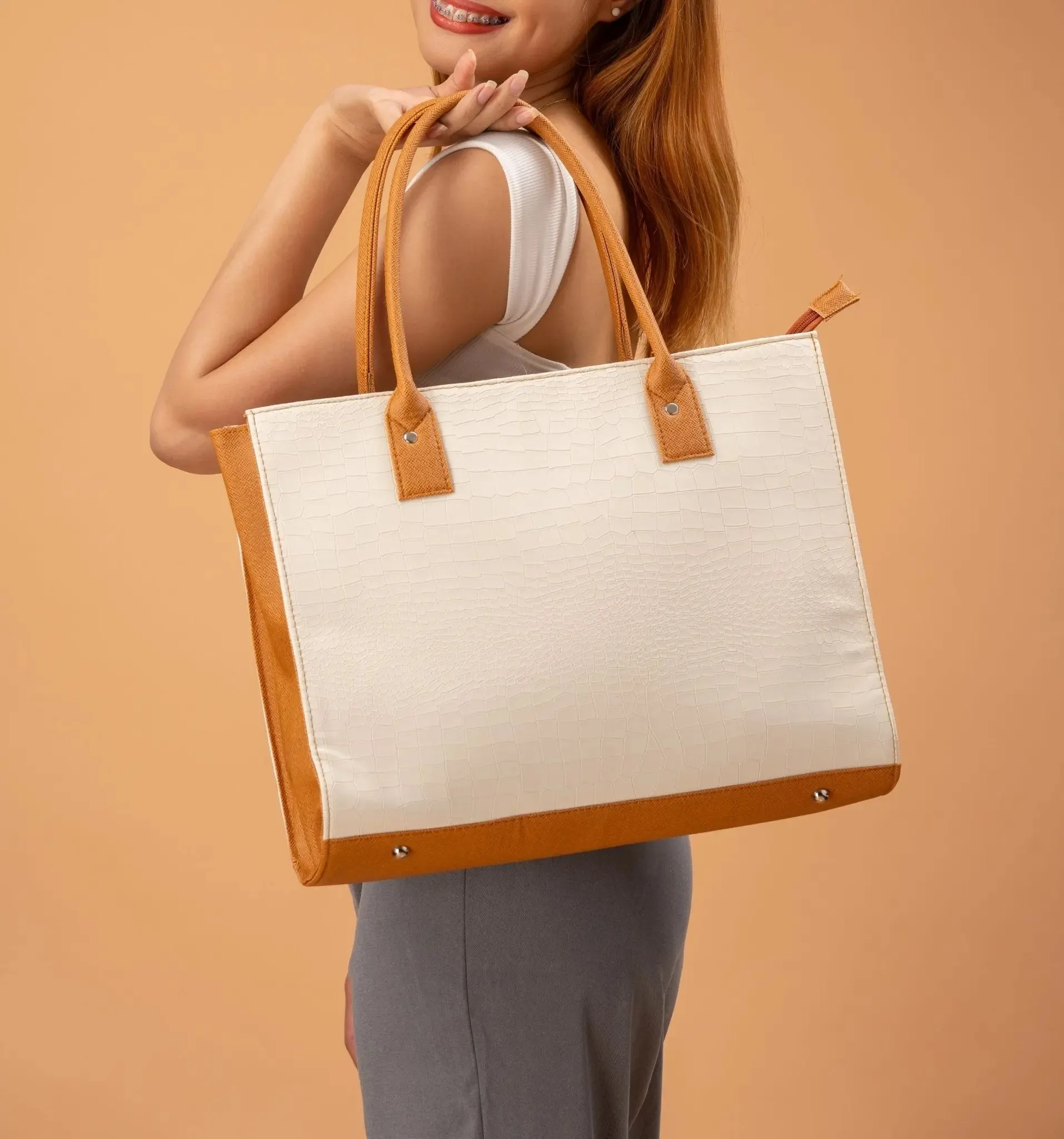 MADELINE Croc Embossed Shoulder Bag in Off White