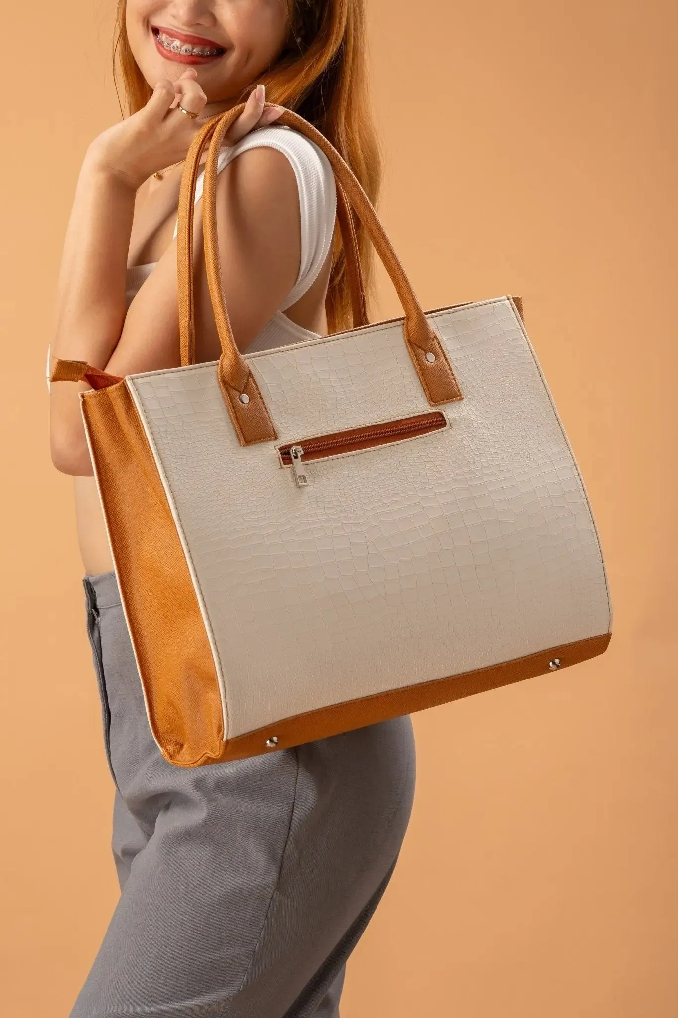 MADELINE Croc Embossed Shoulder Bag in Off White