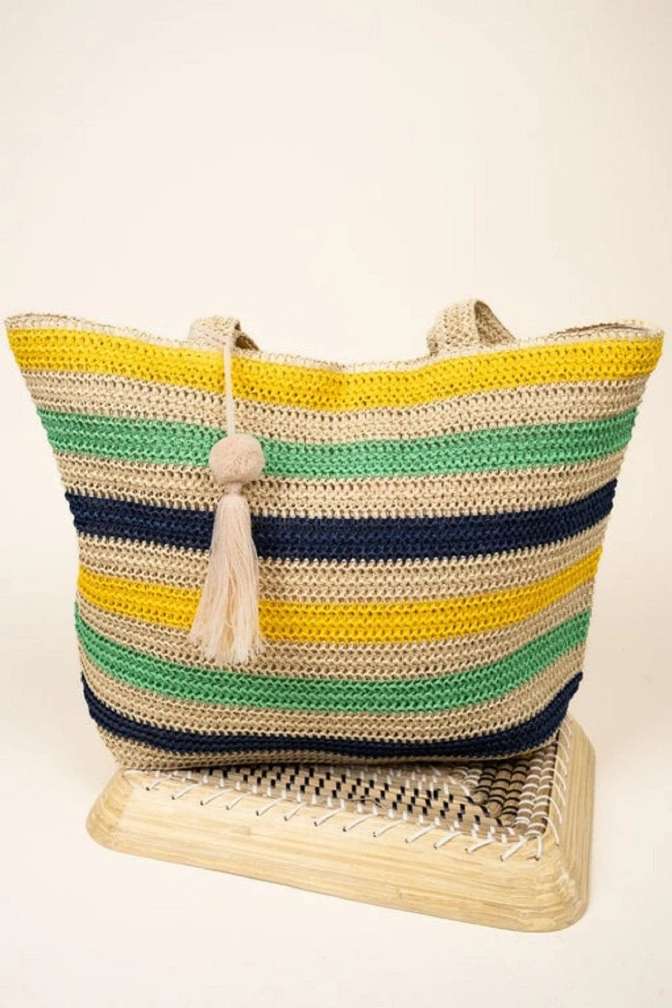 MB0205 Amara Striped Crochet Tote Bag With Tassel