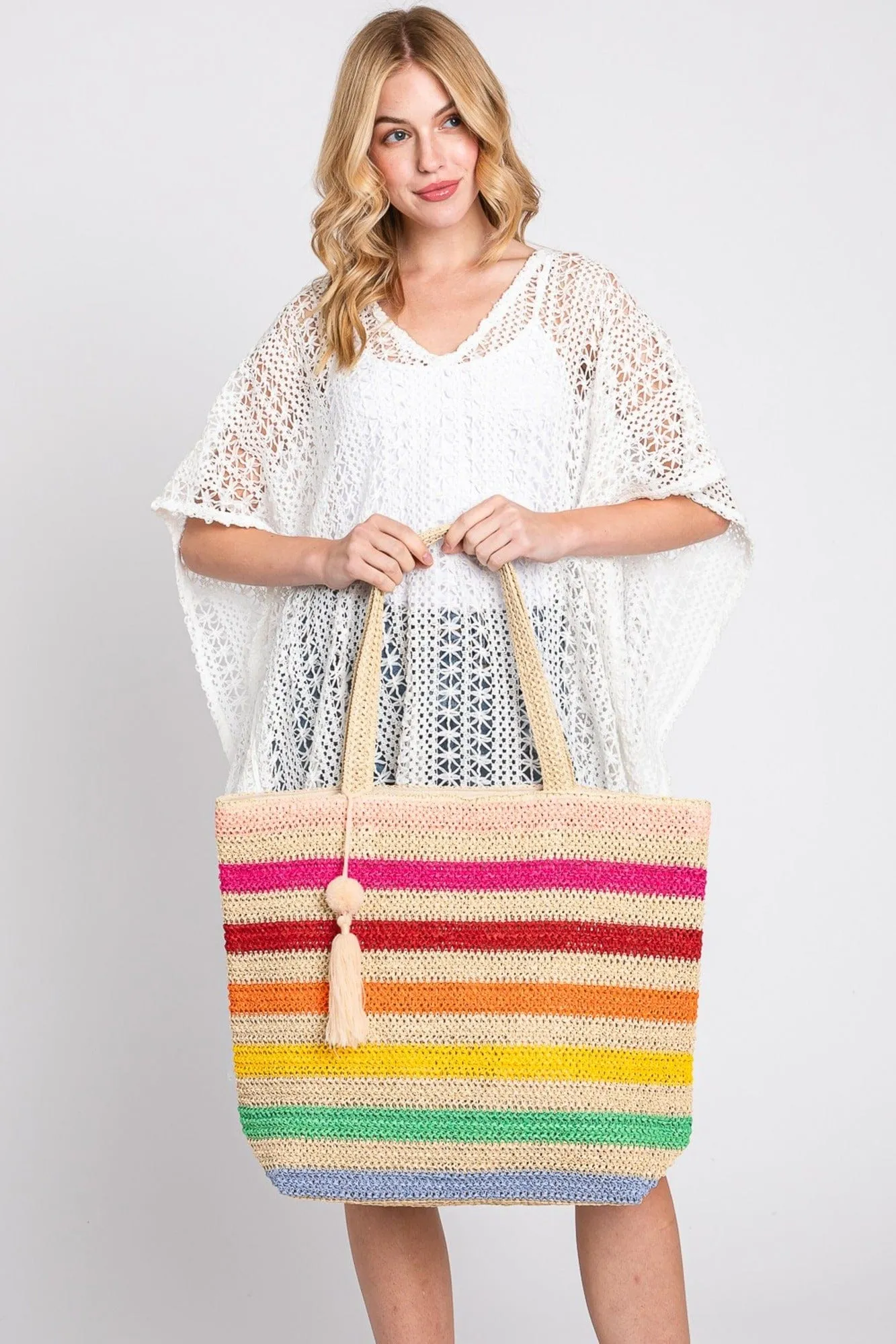 MB0205 Amara Striped Crochet Tote Bag With Tassel