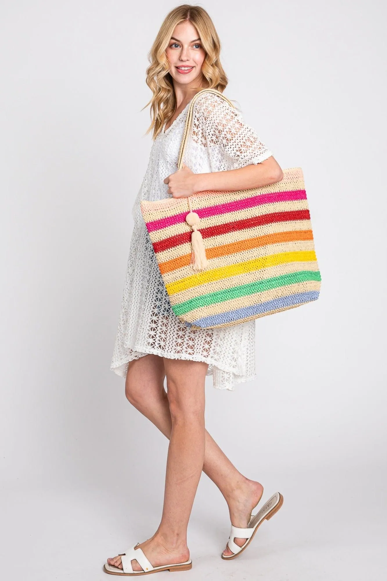 MB0205 Amara Striped Crochet Tote Bag With Tassel