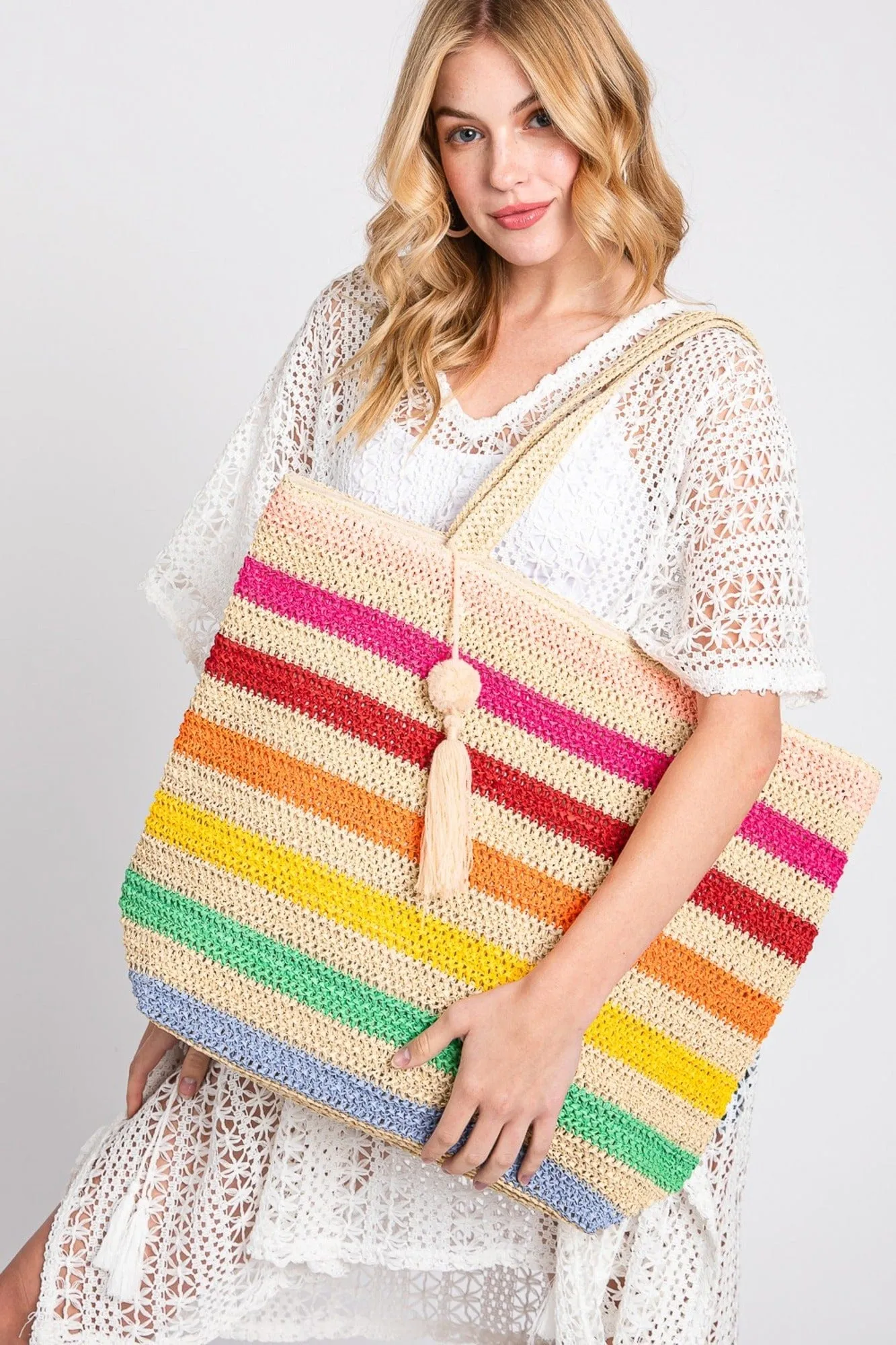 MB0205 Amara Striped Crochet Tote Bag With Tassel