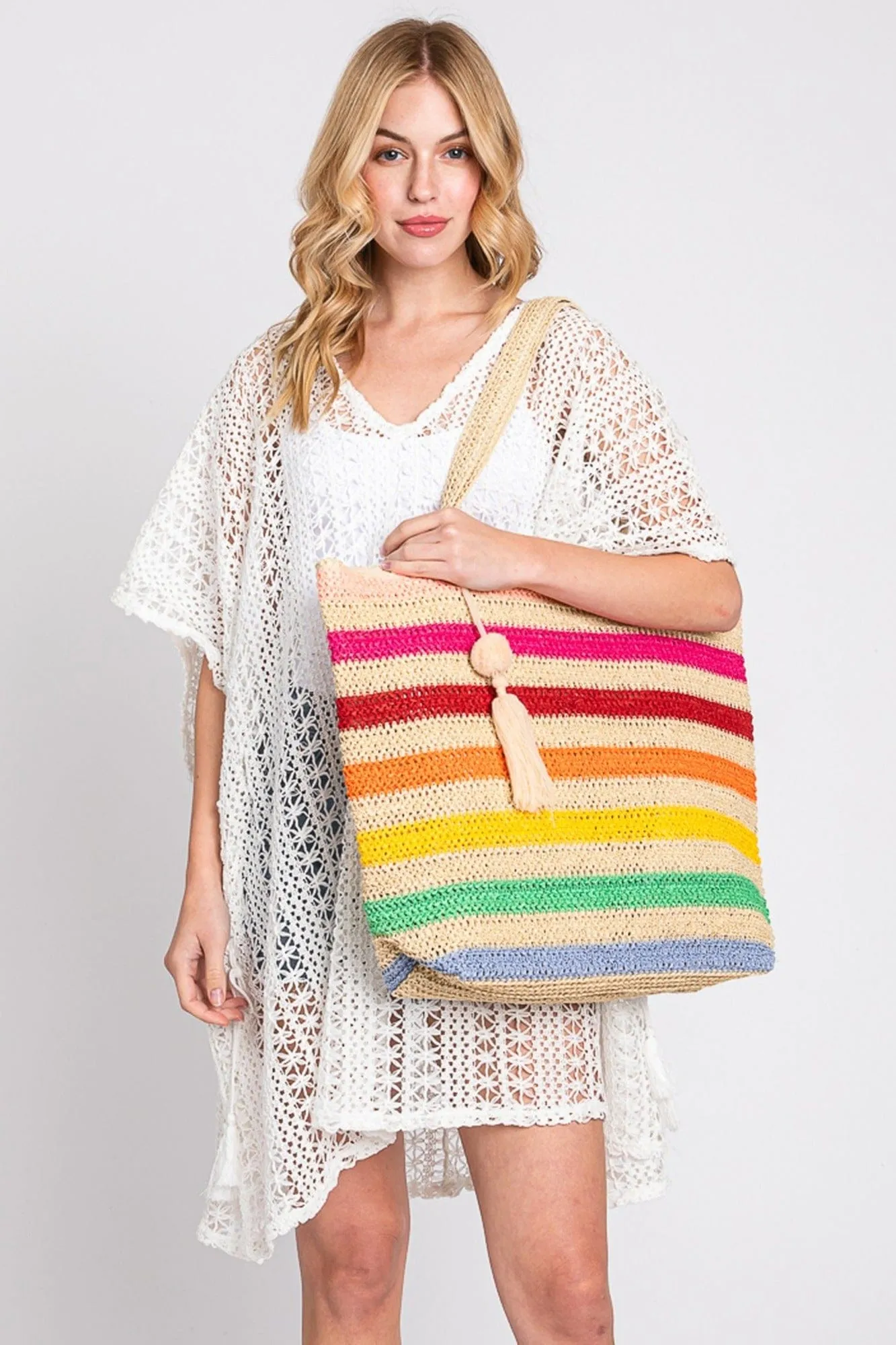 MB0205 Amara Striped Crochet Tote Bag With Tassel