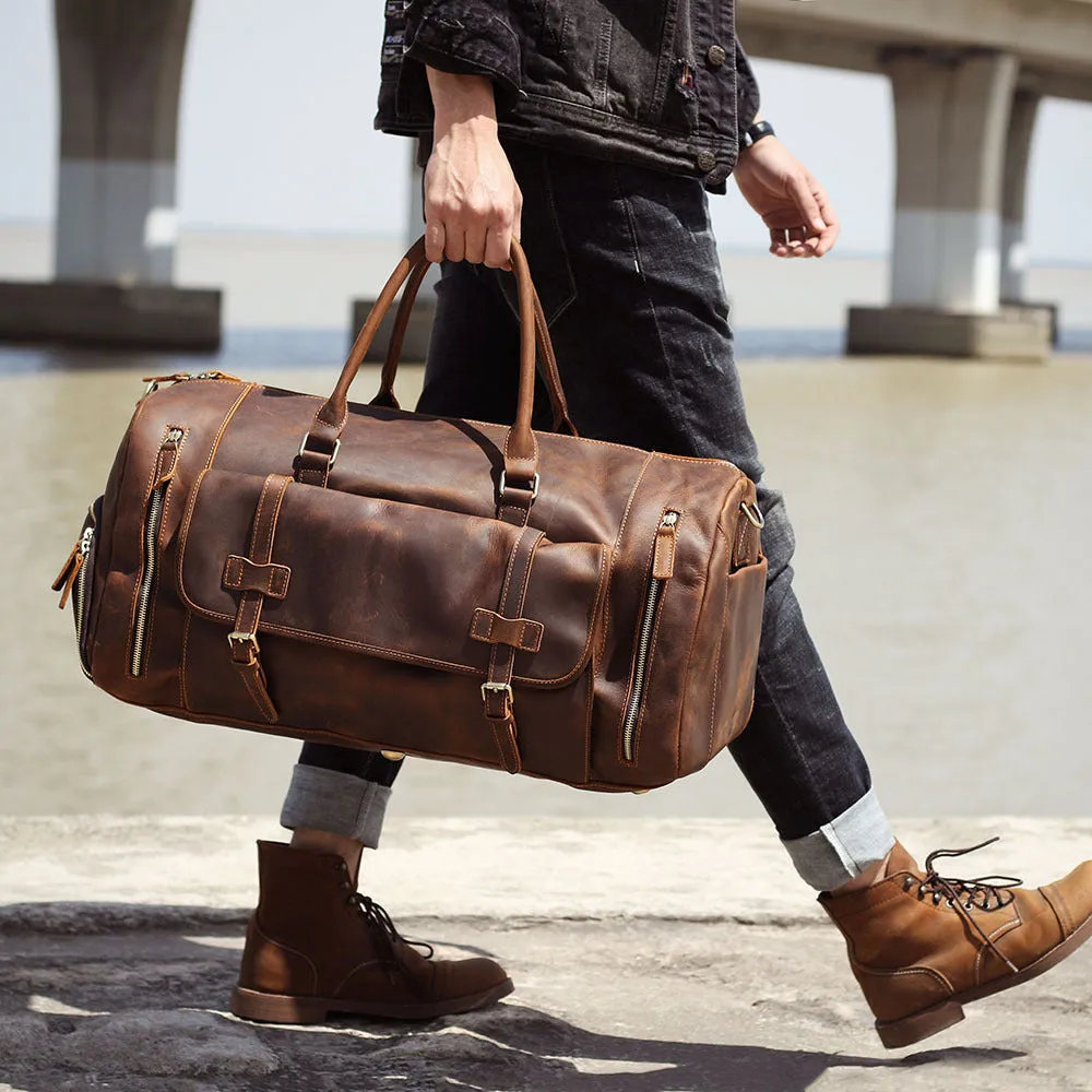 Men's Retro Genuine Leather Super Large Capacity First Layer Cowhide Leather Hand Luggage Bag