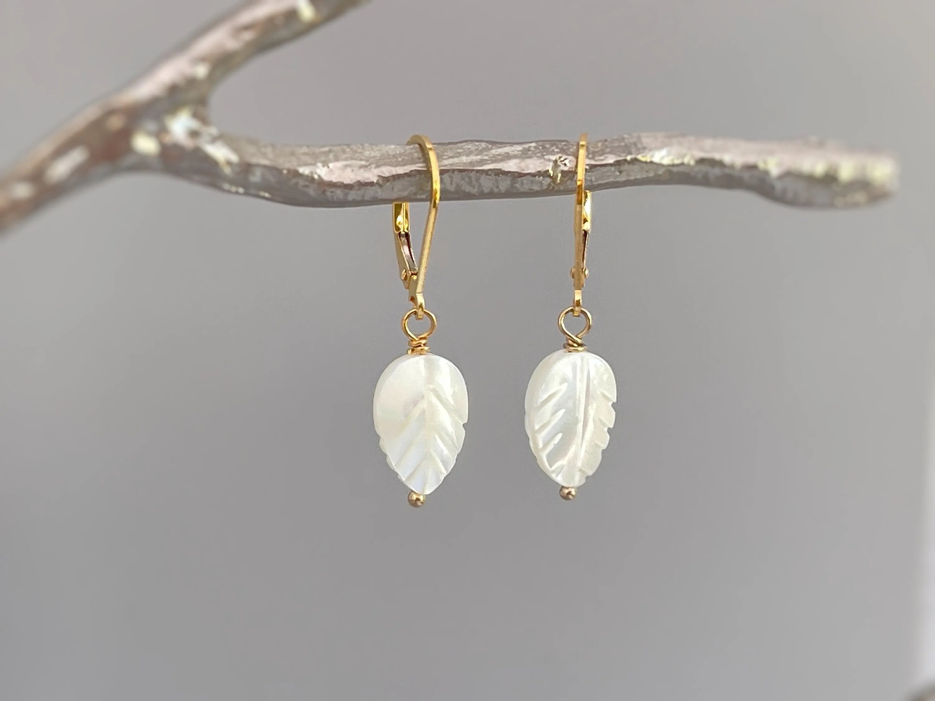 Mother of Pearl Leaf Earrings dangle, drop gold leverback