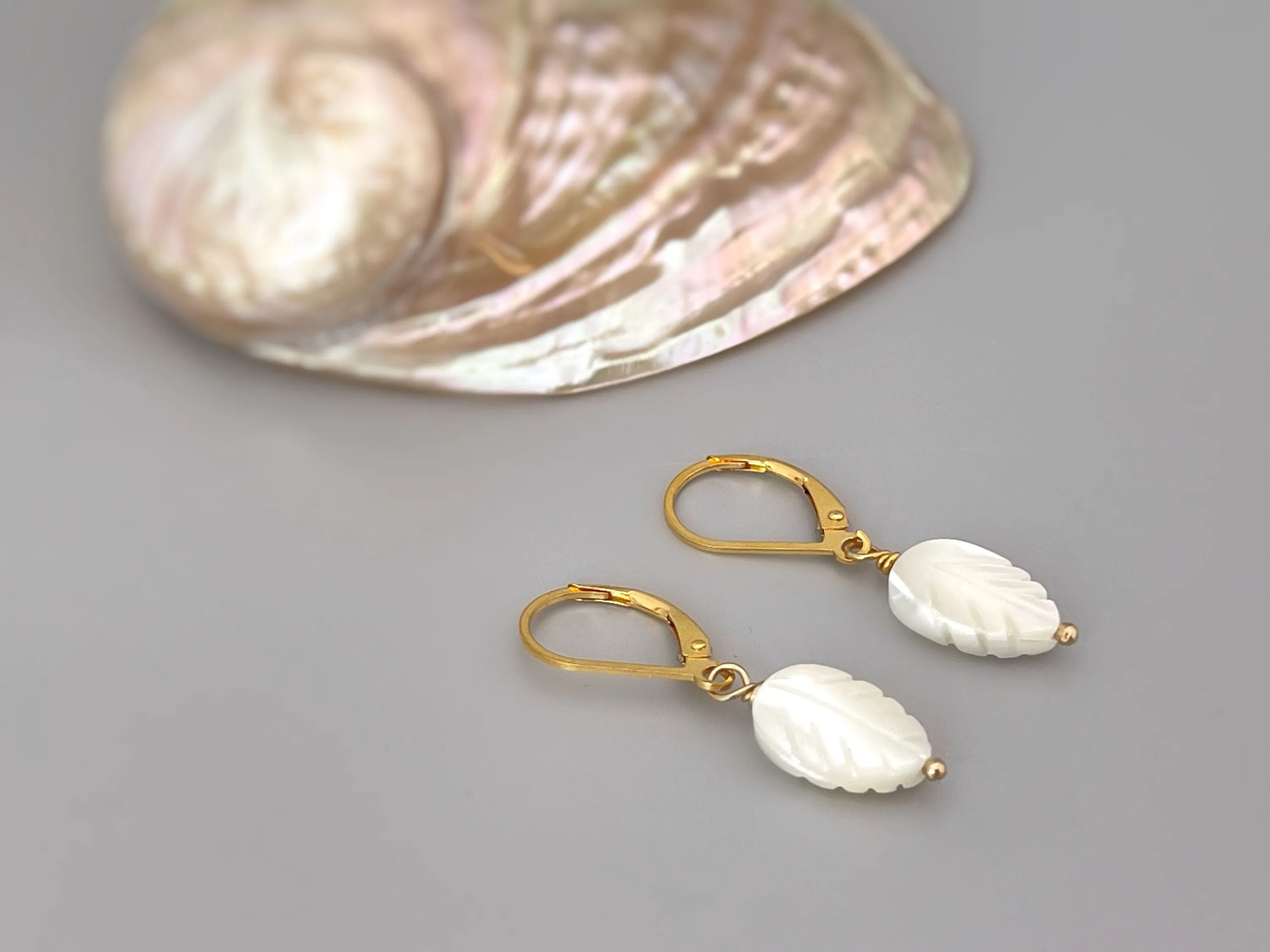 Mother of Pearl Leaf Earrings dangle, drop gold leverback