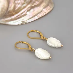 Mother of Pearl Leaf Earrings dangle, drop gold leverback