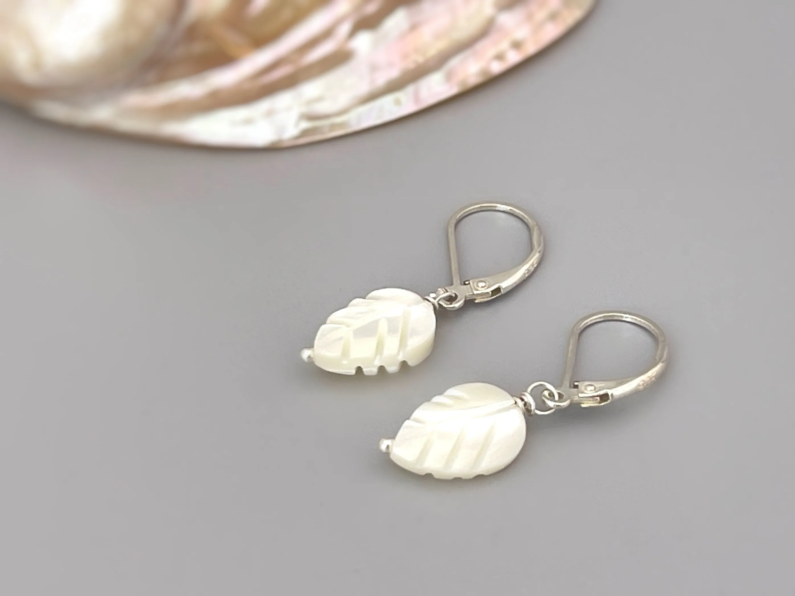 Mother of Pearl Leaf Earrings dangle, drop gold leverback