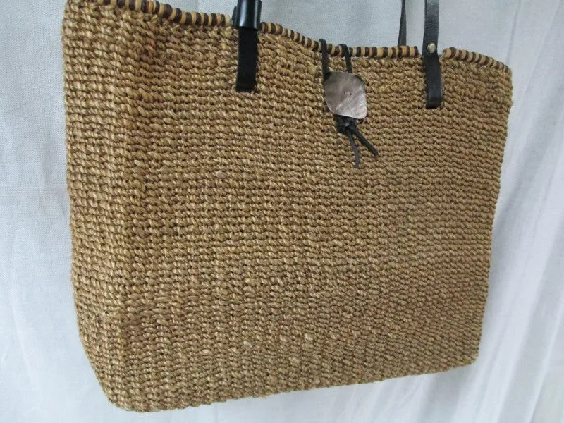 NINE WEST Woven RATTAN Tote Market Bag Satchel Shopper Shoulder Purse BEIGE