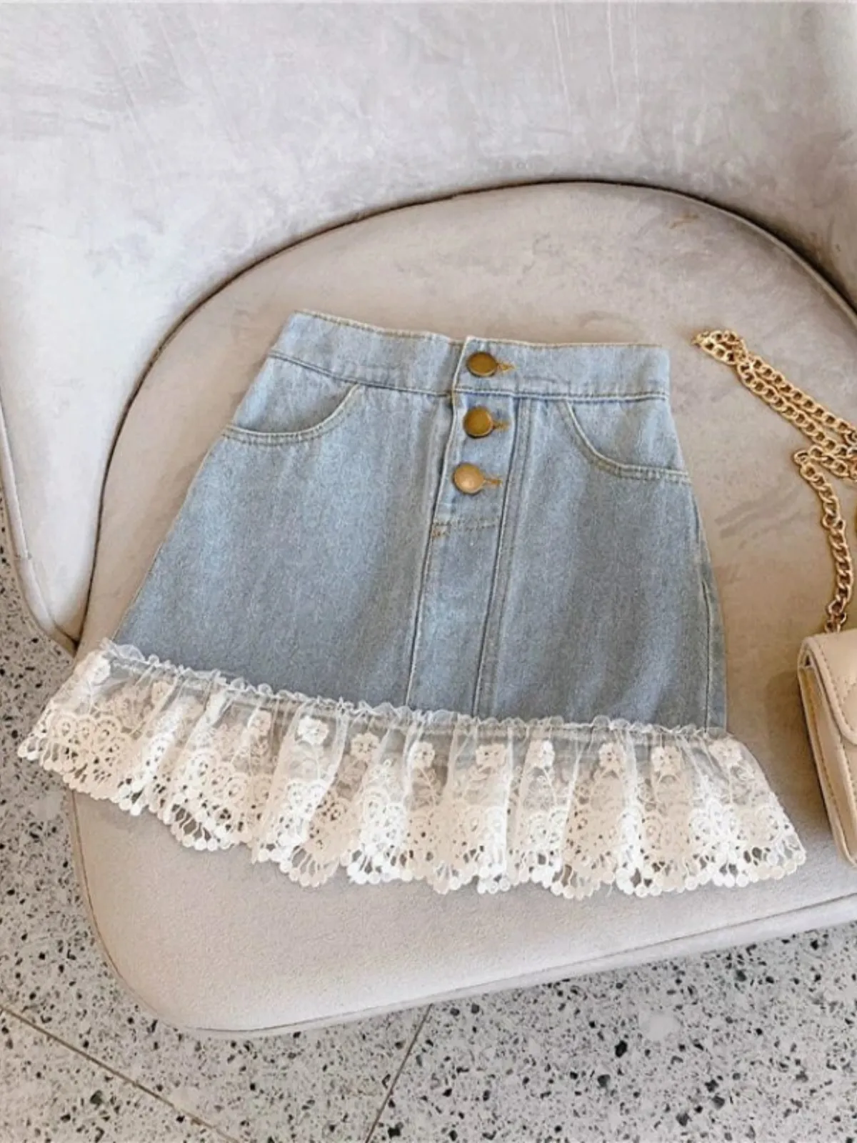 Off To Shop Lace Trim Denim Skirt