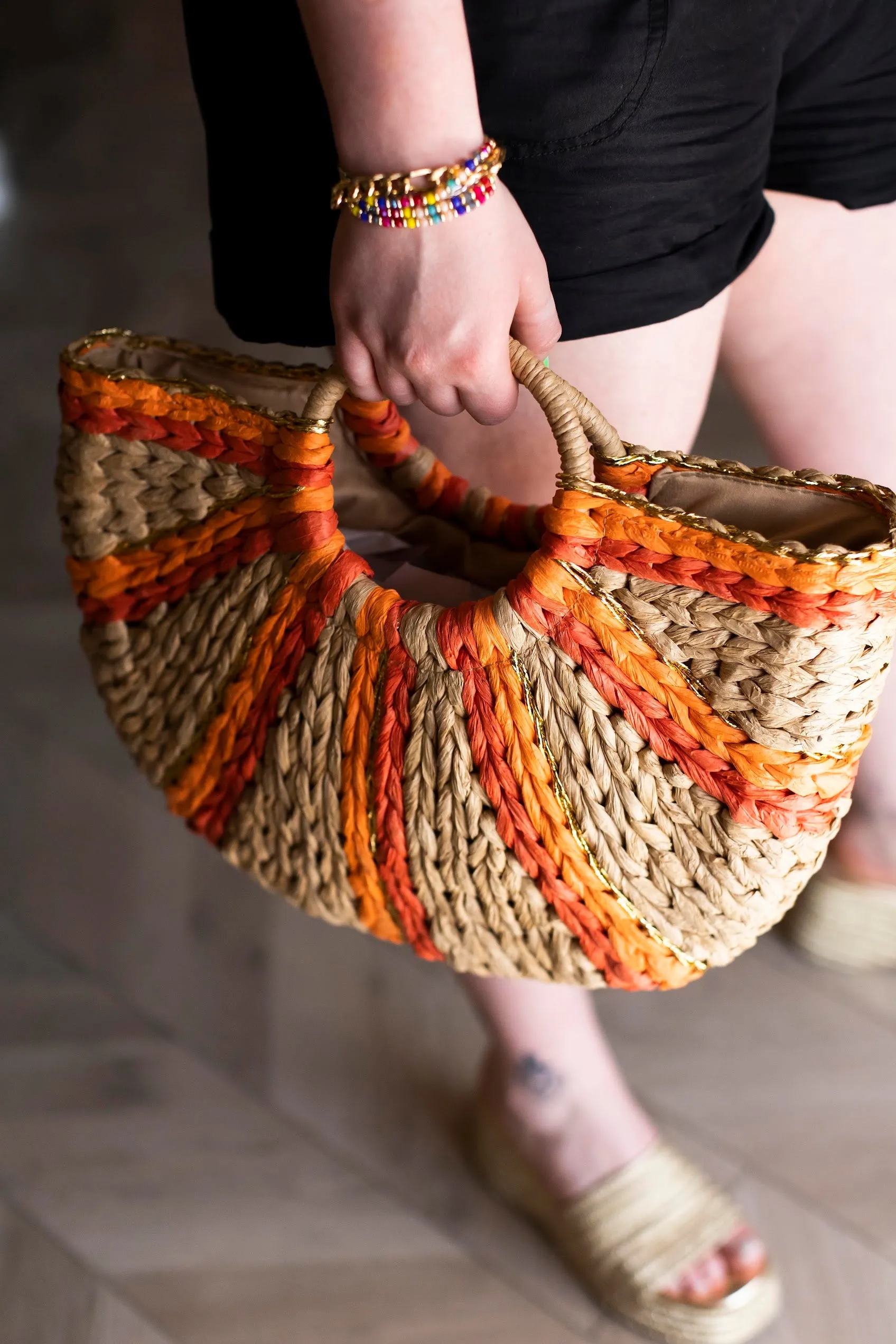 Orange Striped Rattan Basket Tote | Vacation Vibes Handbag | Bamboo Handle Bag