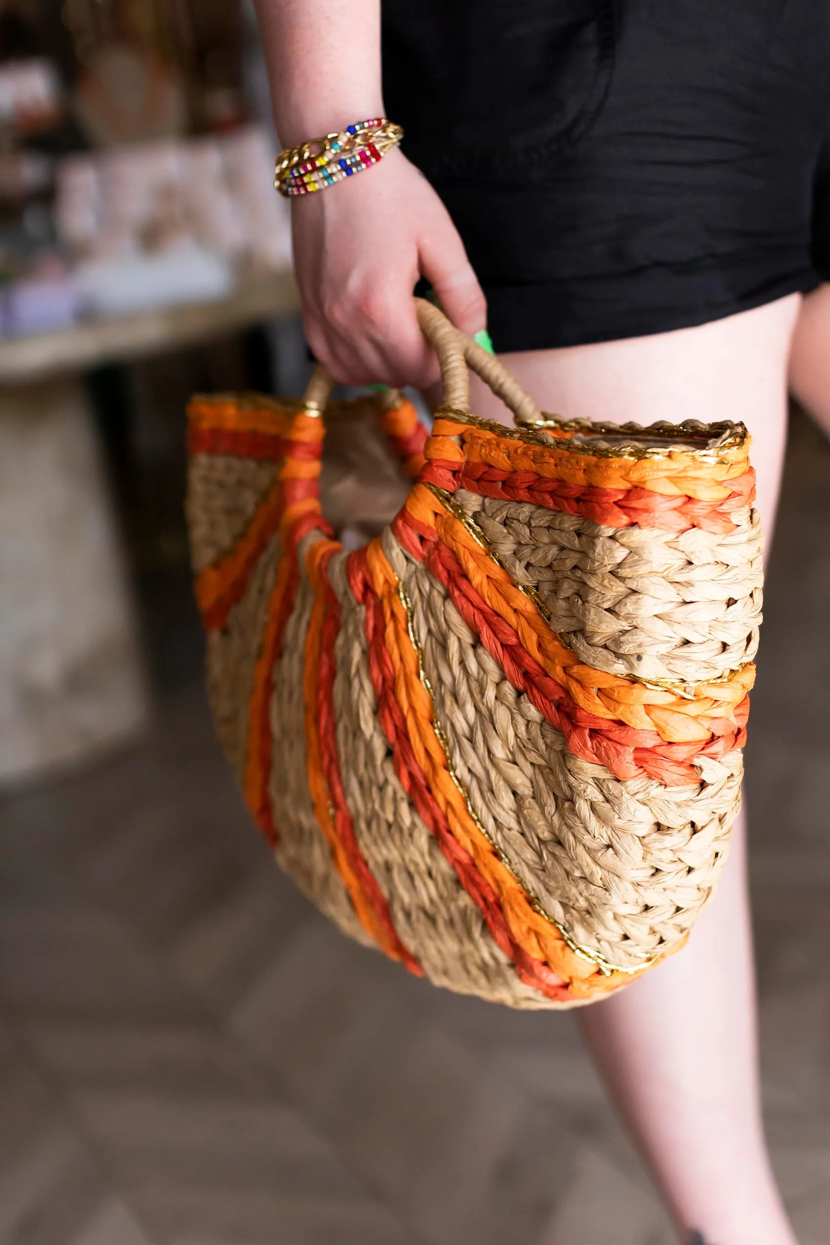 Orange Striped Rattan Basket Tote | Vacation Vibes Handbag | Bamboo Handle Bag