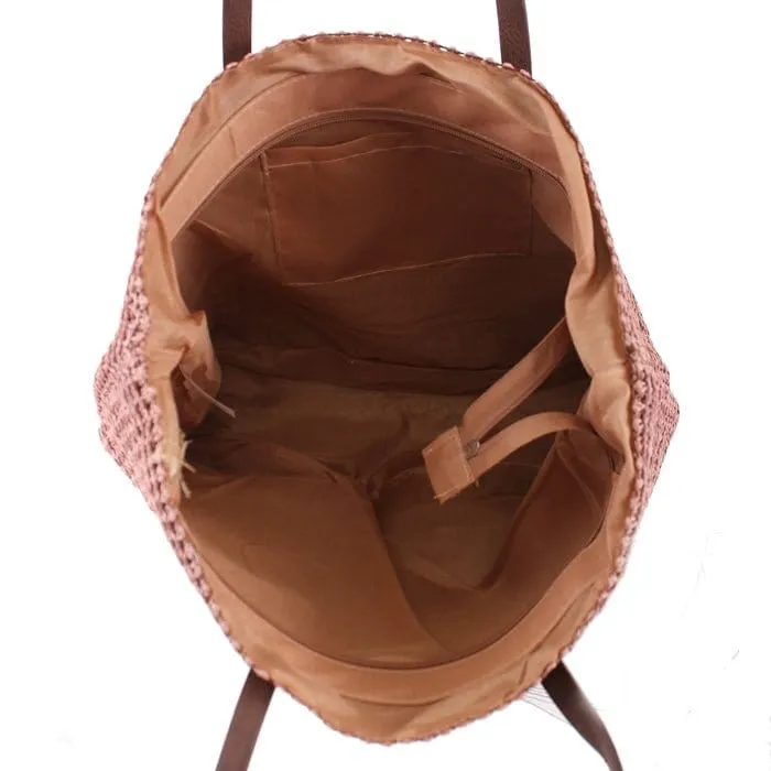 PB0033 Leather Handle Straw Beach Bag/Tote