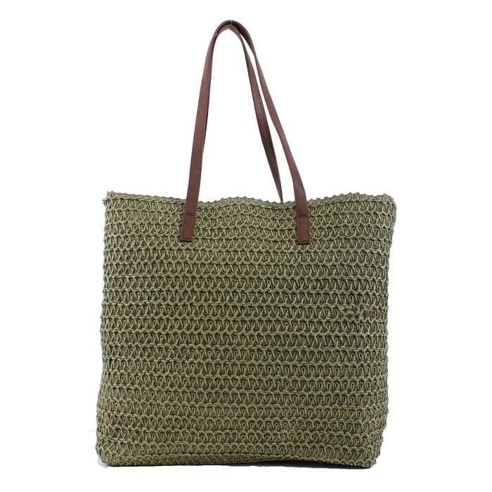 PB0033 Leather Handle Straw Beach Bag/Tote