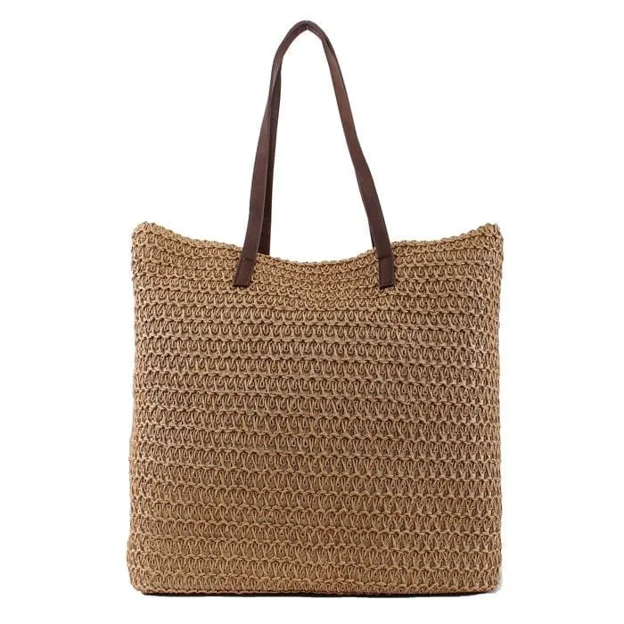 PB0033 Leather Handle Straw Beach Bag/Tote