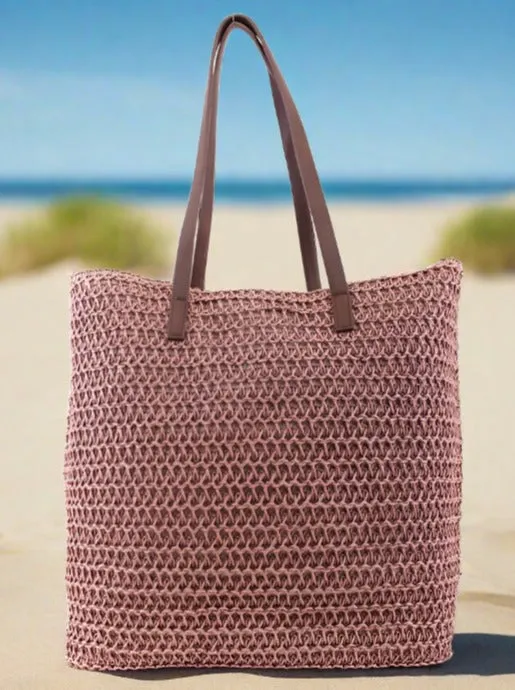 PB0033 Leather Handle Straw Beach Bag/Tote