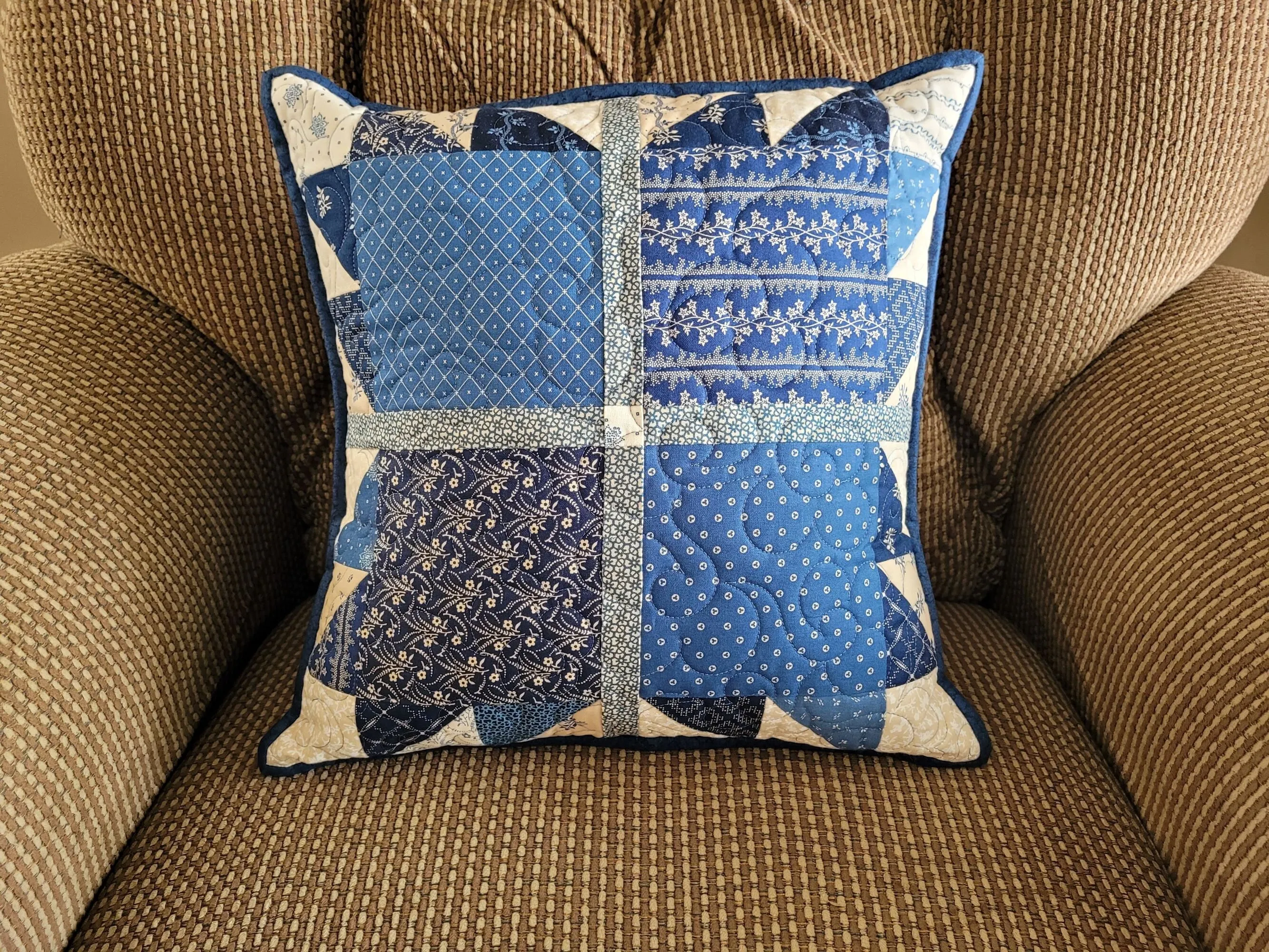 Quilted Bear Paw Pillow | Blue Patchwork Throw Cushion