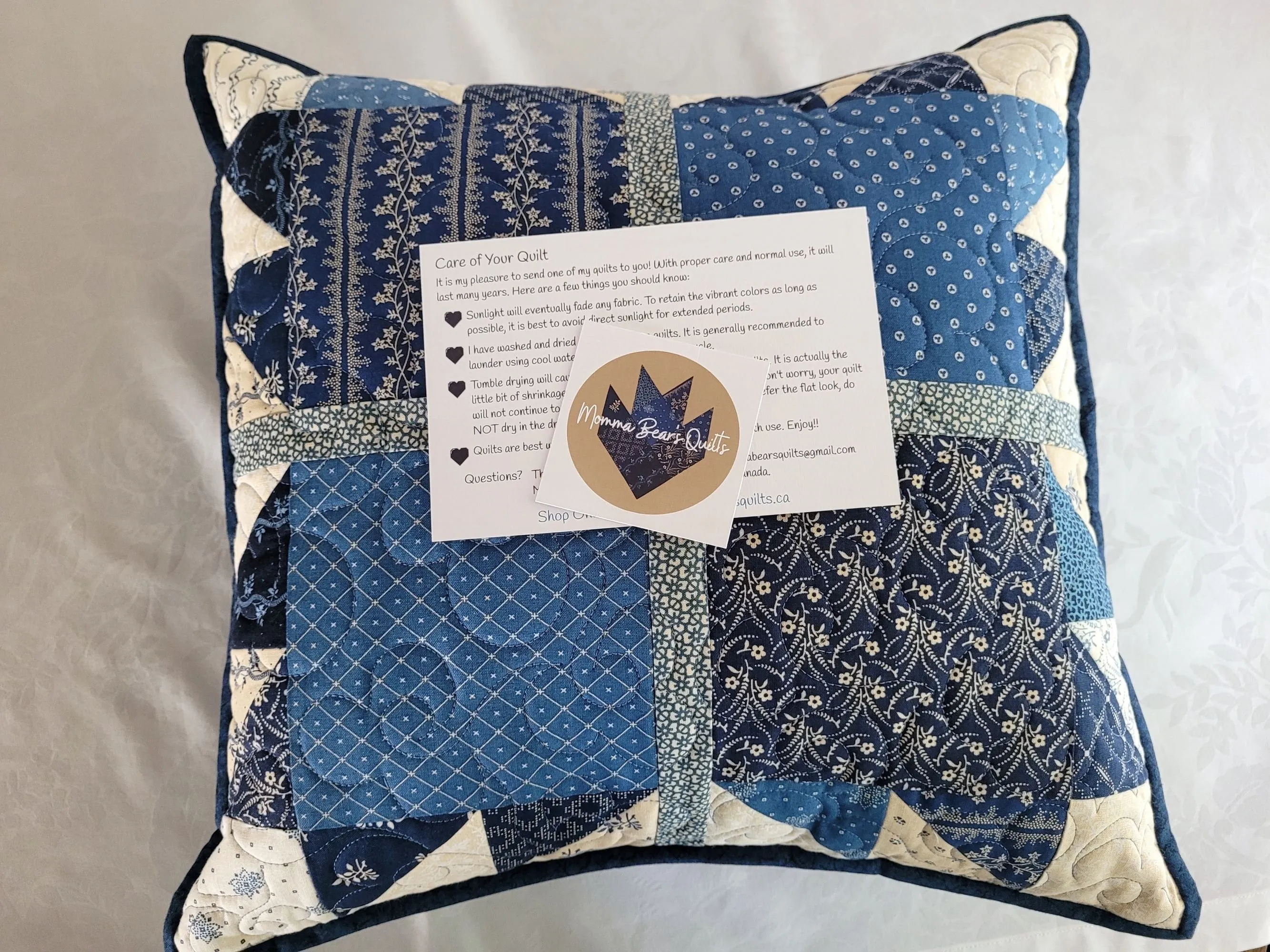 Quilted Bear Paw Pillow | Blue Patchwork Throw Cushion