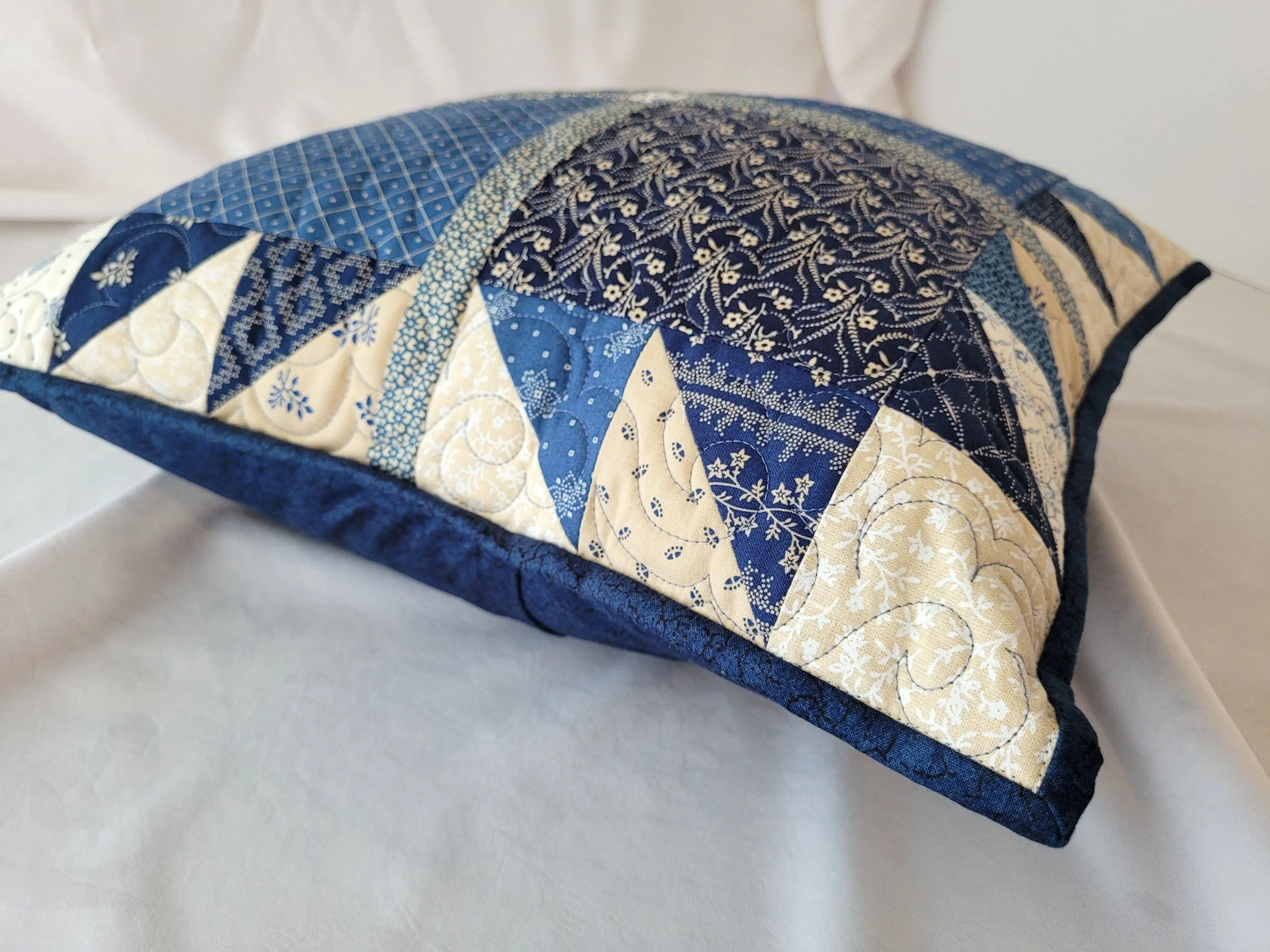 Quilted Bear Paw Pillow | Blue Patchwork Throw Cushion