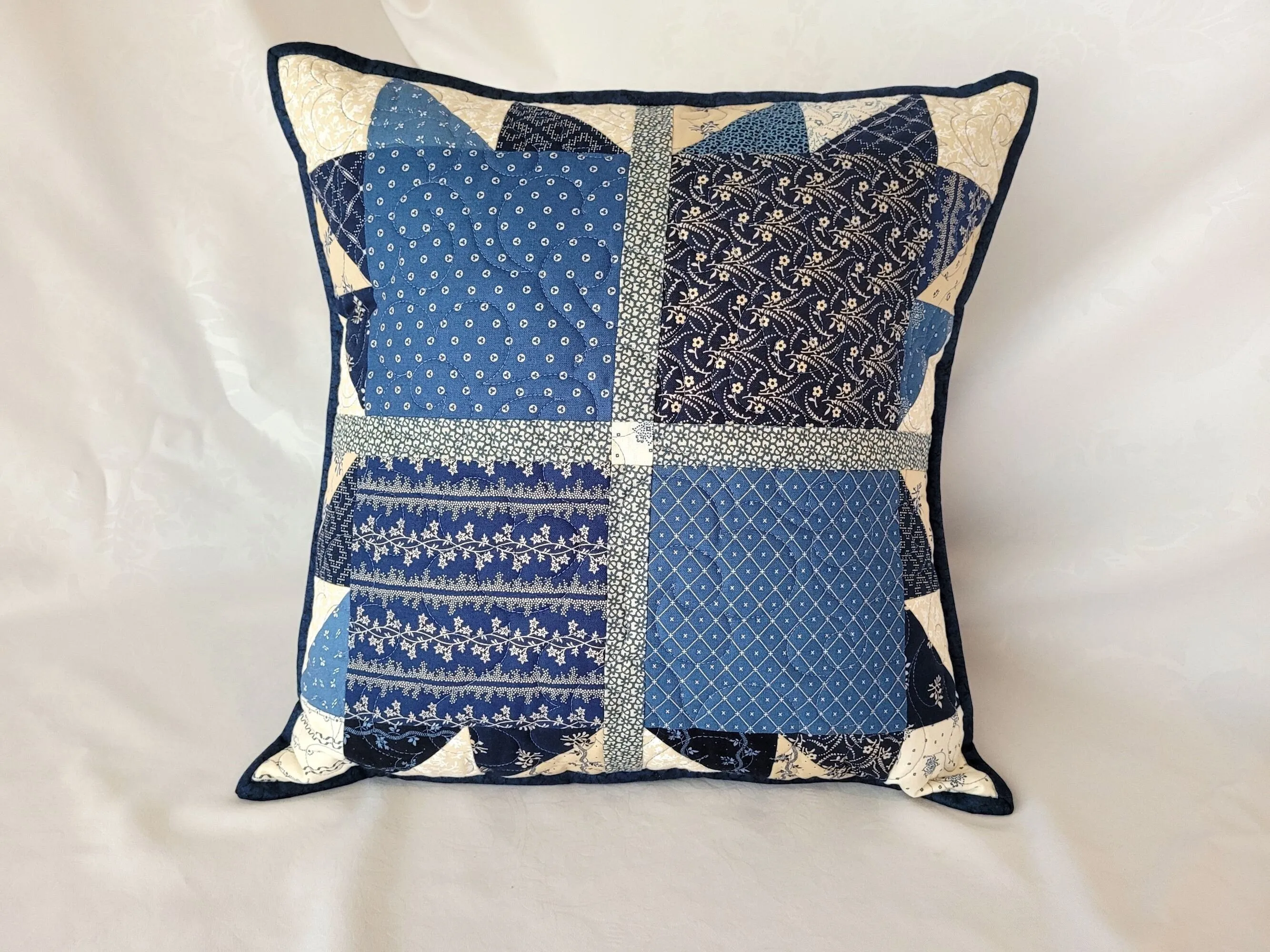 Quilted Bear Paw Pillow | Blue Patchwork Throw Cushion