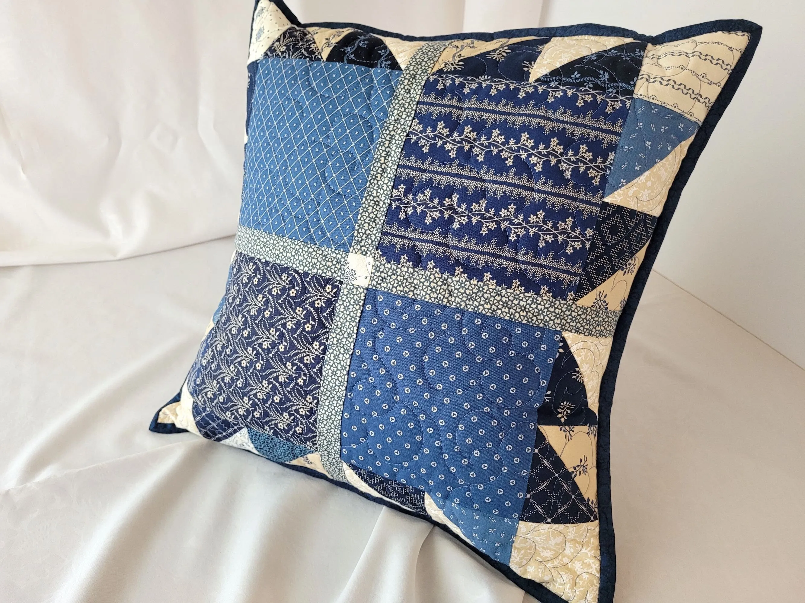 Quilted Bear Paw Pillow | Blue Patchwork Throw Cushion