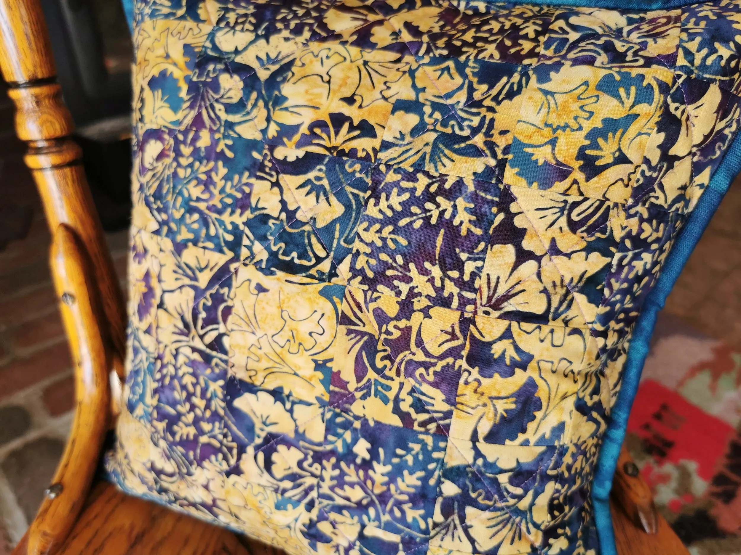 Quilted Throw Pillow in Blue & Purple Batiks, 14 inches square