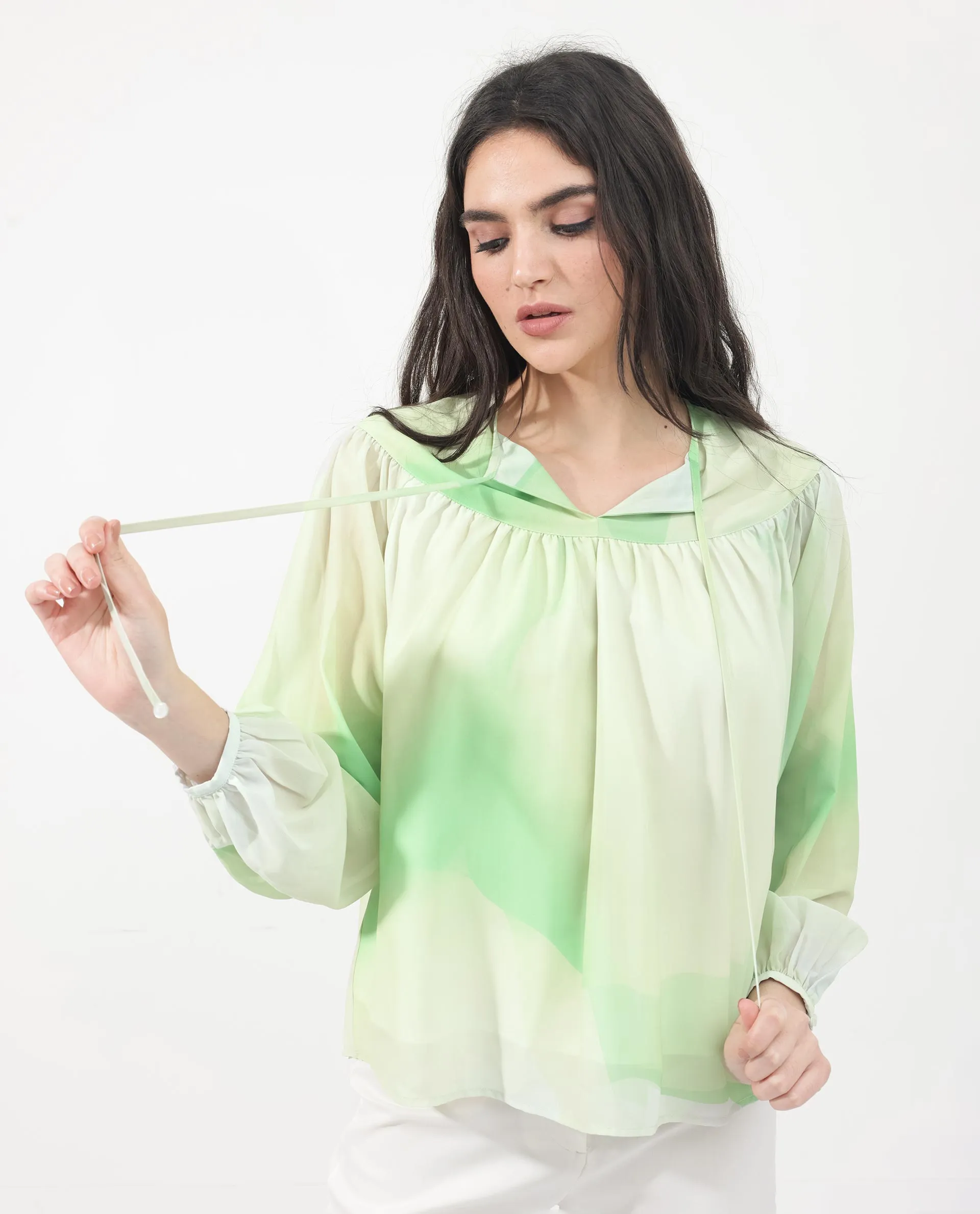 Rareism Women Alic Green Polyester Fabric Full Sleeve Round Neck Top