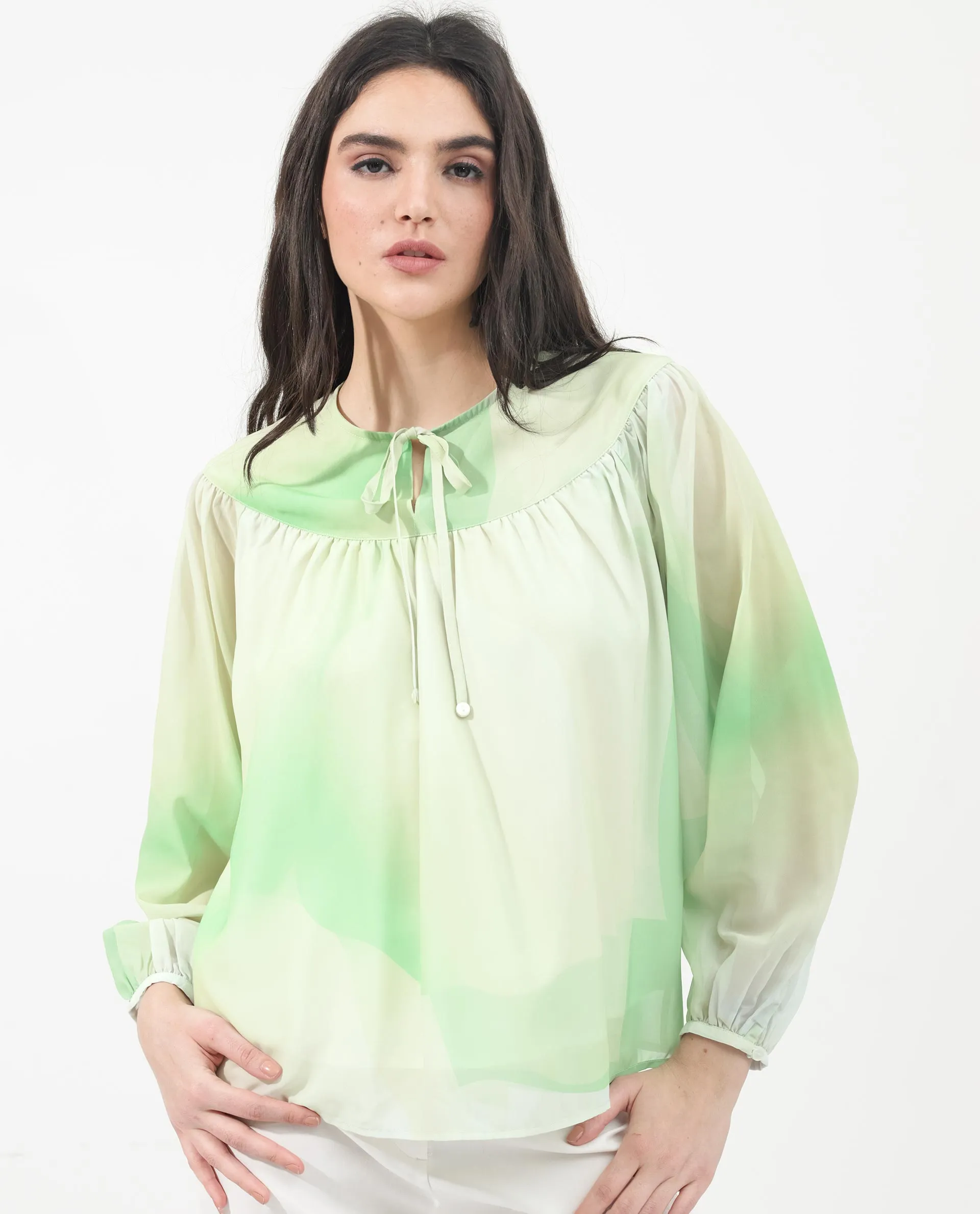 Rareism Women Alic Green Polyester Fabric Full Sleeve Round Neck Top