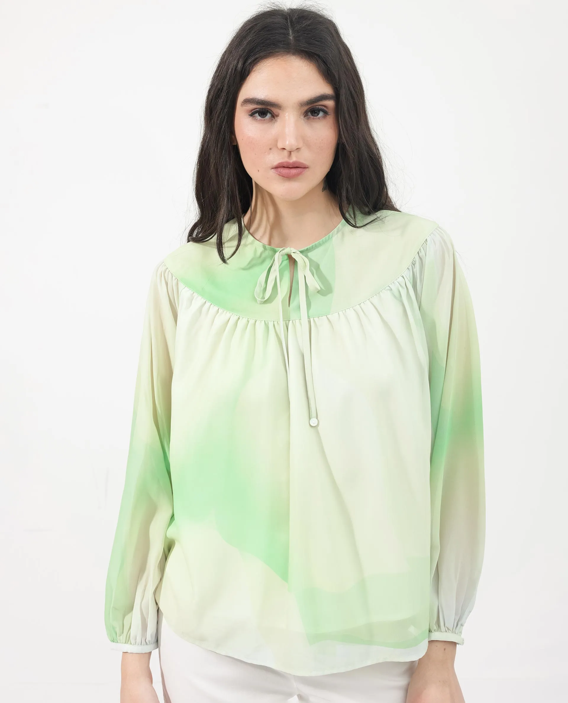 Rareism Women Alic Green Polyester Fabric Full Sleeve Round Neck Top