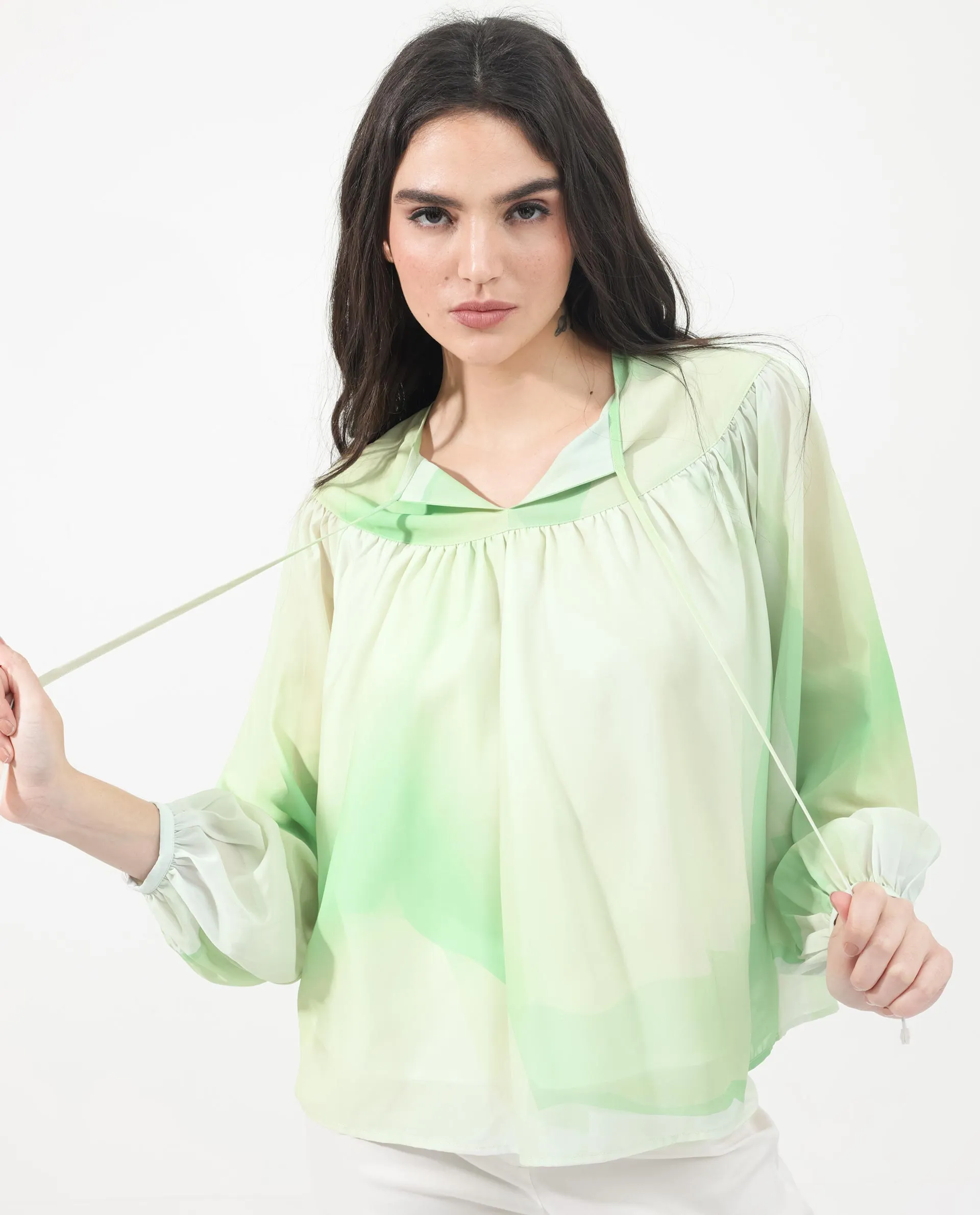 Rareism Women Alic Green Polyester Fabric Full Sleeve Round Neck Top