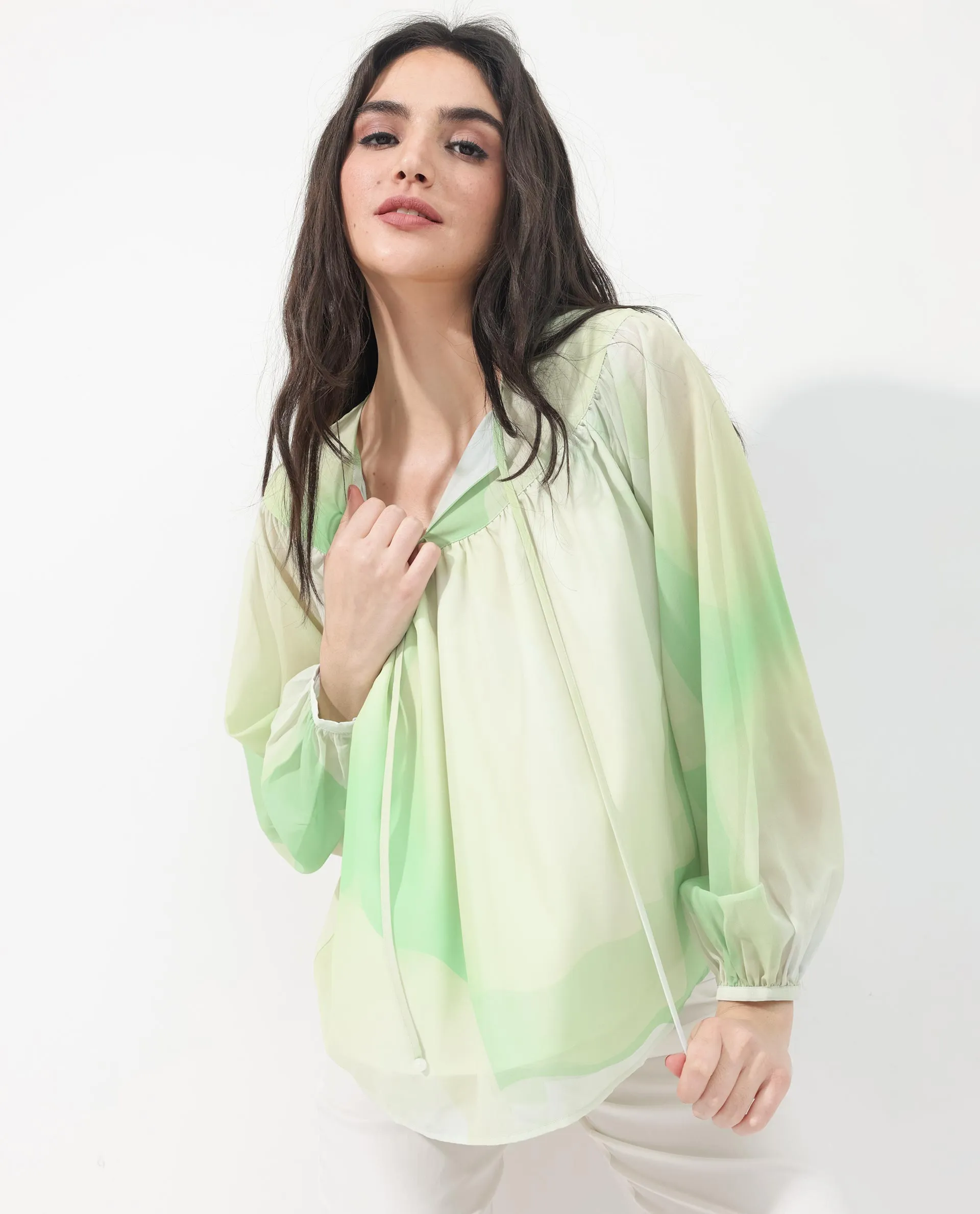 Rareism Women Alic Green Polyester Fabric Full Sleeve Round Neck Top