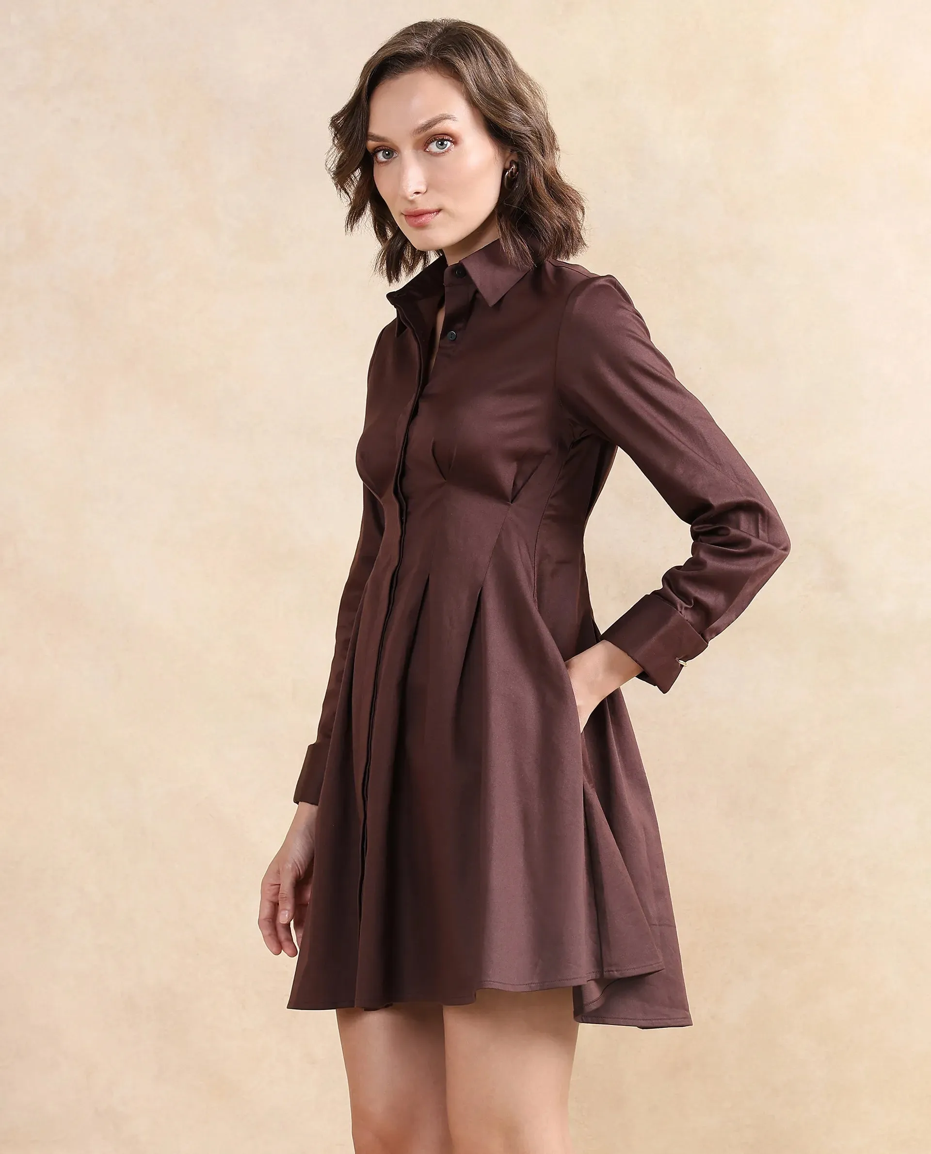 Rareism Women Bolvia Dark Brown Cuffed Sleeve Collared Neck Button Closure Flared Knee Length Plain Dress