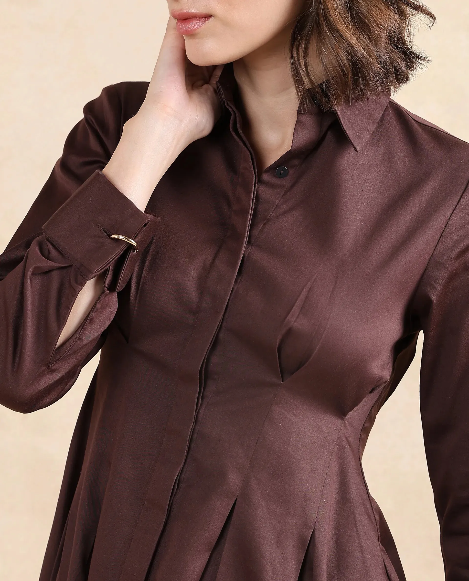 Rareism Women Bolvia Dark Brown Cuffed Sleeve Collared Neck Button Closure Flared Knee Length Plain Dress