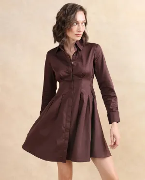 Rareism Women Bolvia Dark Brown Cuffed Sleeve Collared Neck Button Closure Flared Knee Length Plain Dress