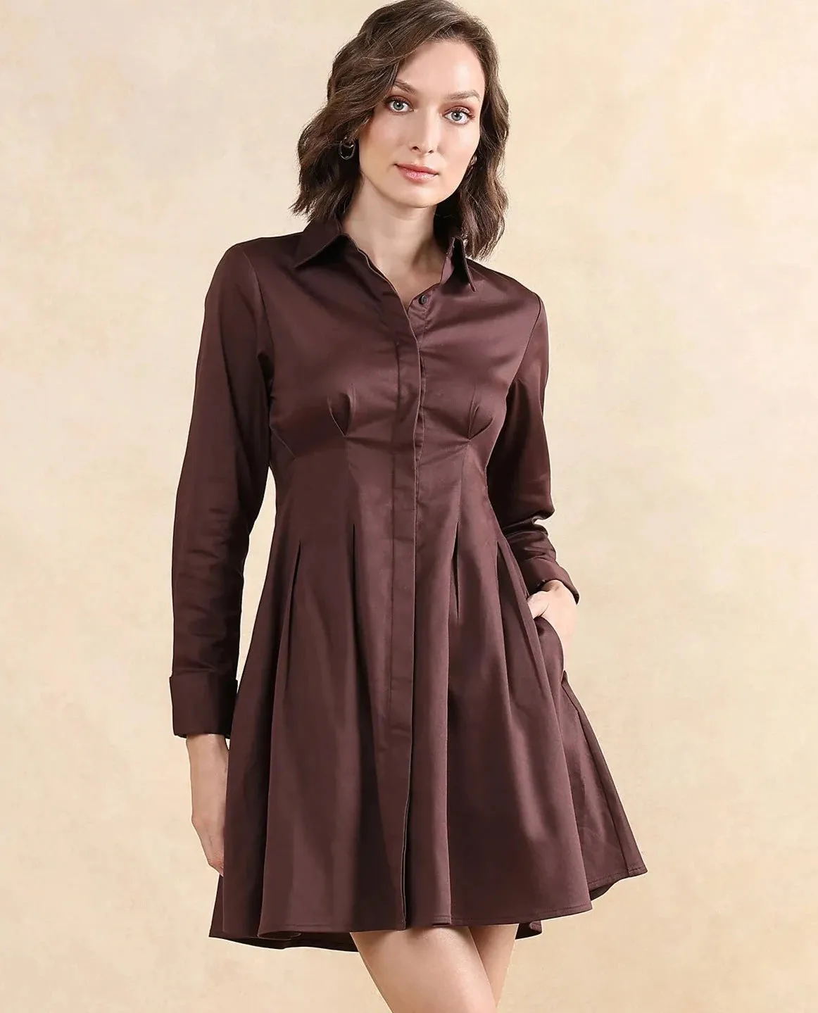 Rareism Women Bolvia Dark Brown Cuffed Sleeve Collared Neck Button Closure Flared Knee Length Plain Dress