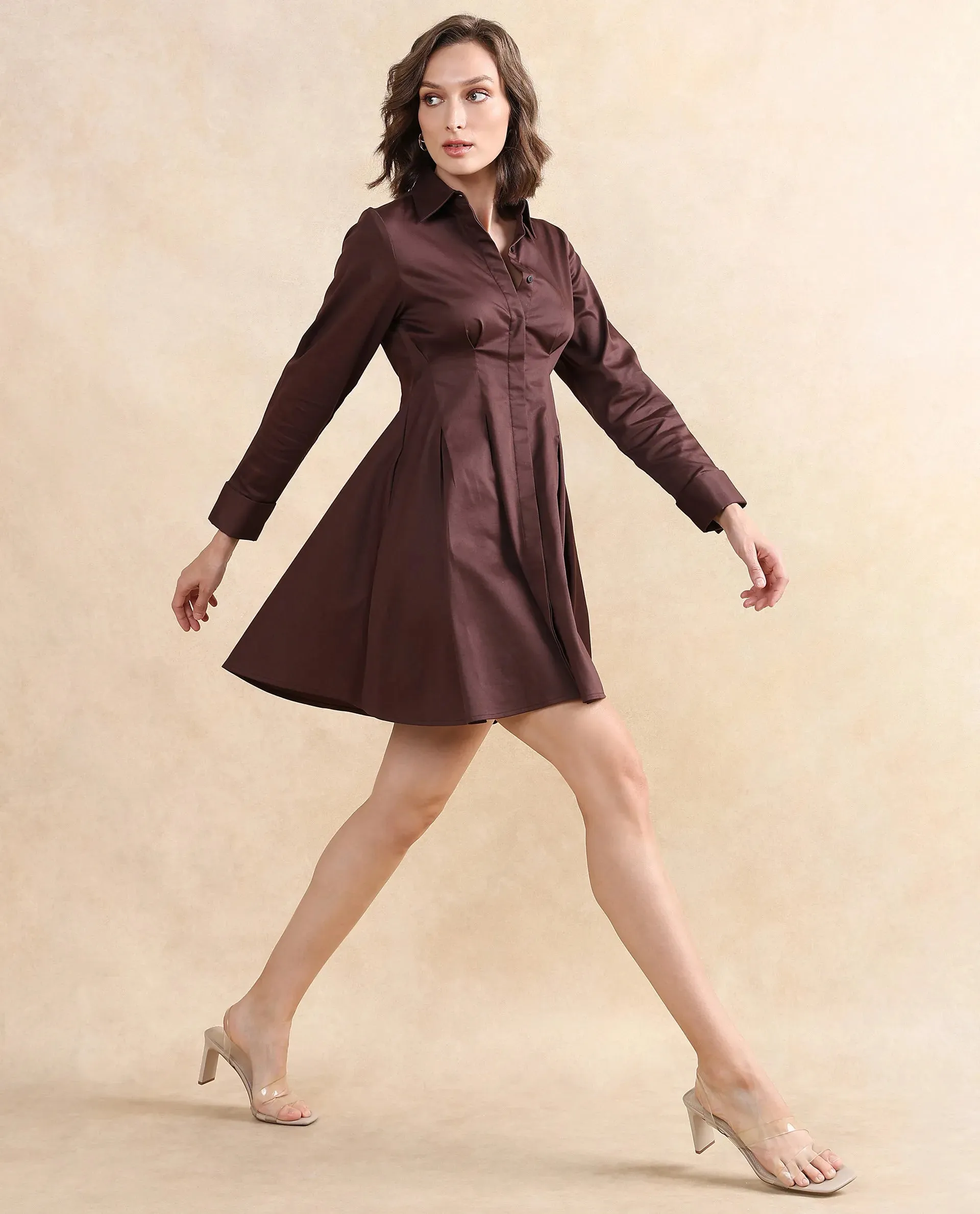 Rareism Women Bolvia Dark Brown Cuffed Sleeve Collared Neck Button Closure Flared Knee Length Plain Dress