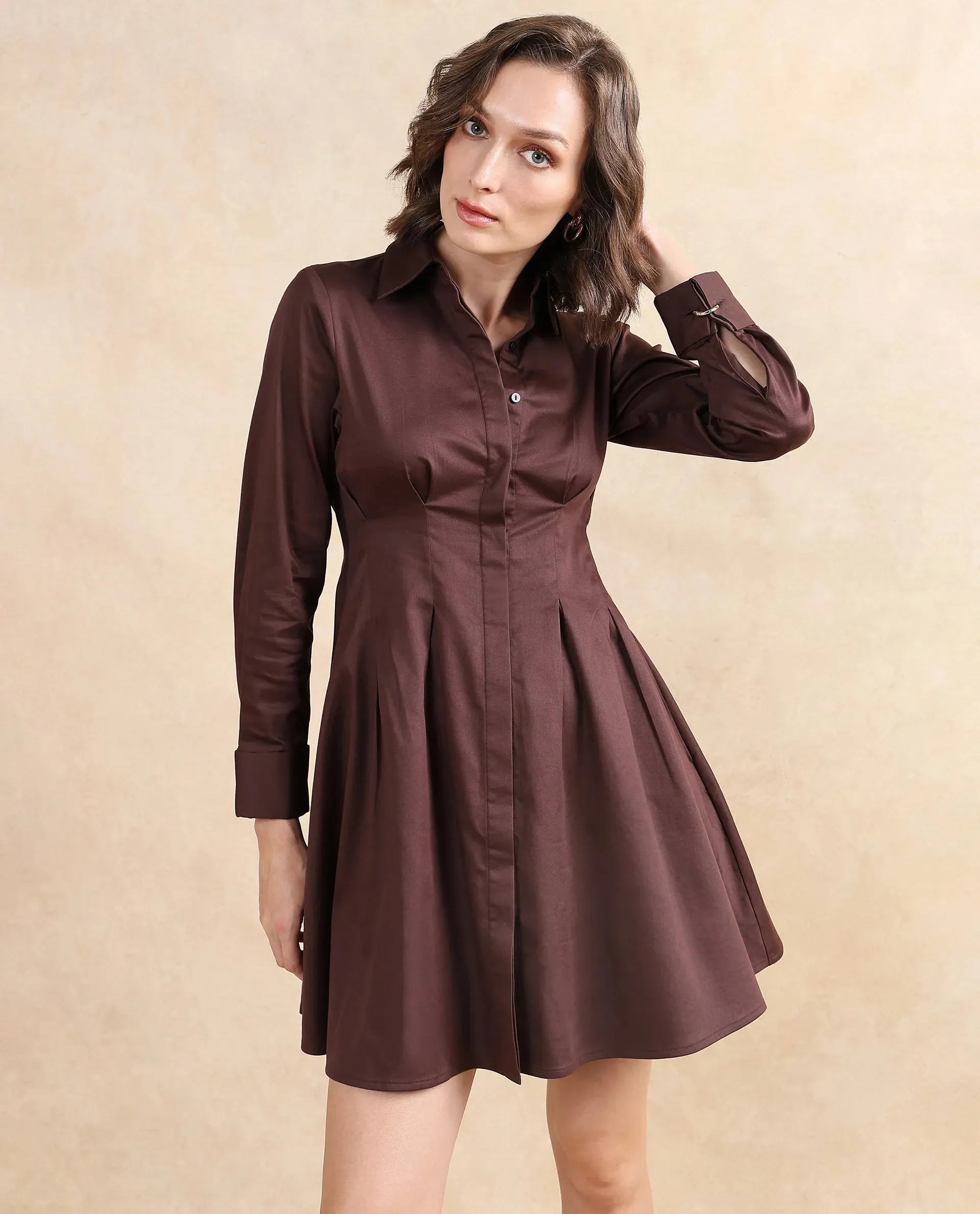 Rareism Women Bolvia Dark Brown Cuffed Sleeve Collared Neck Button Closure Flared Knee Length Plain Dress