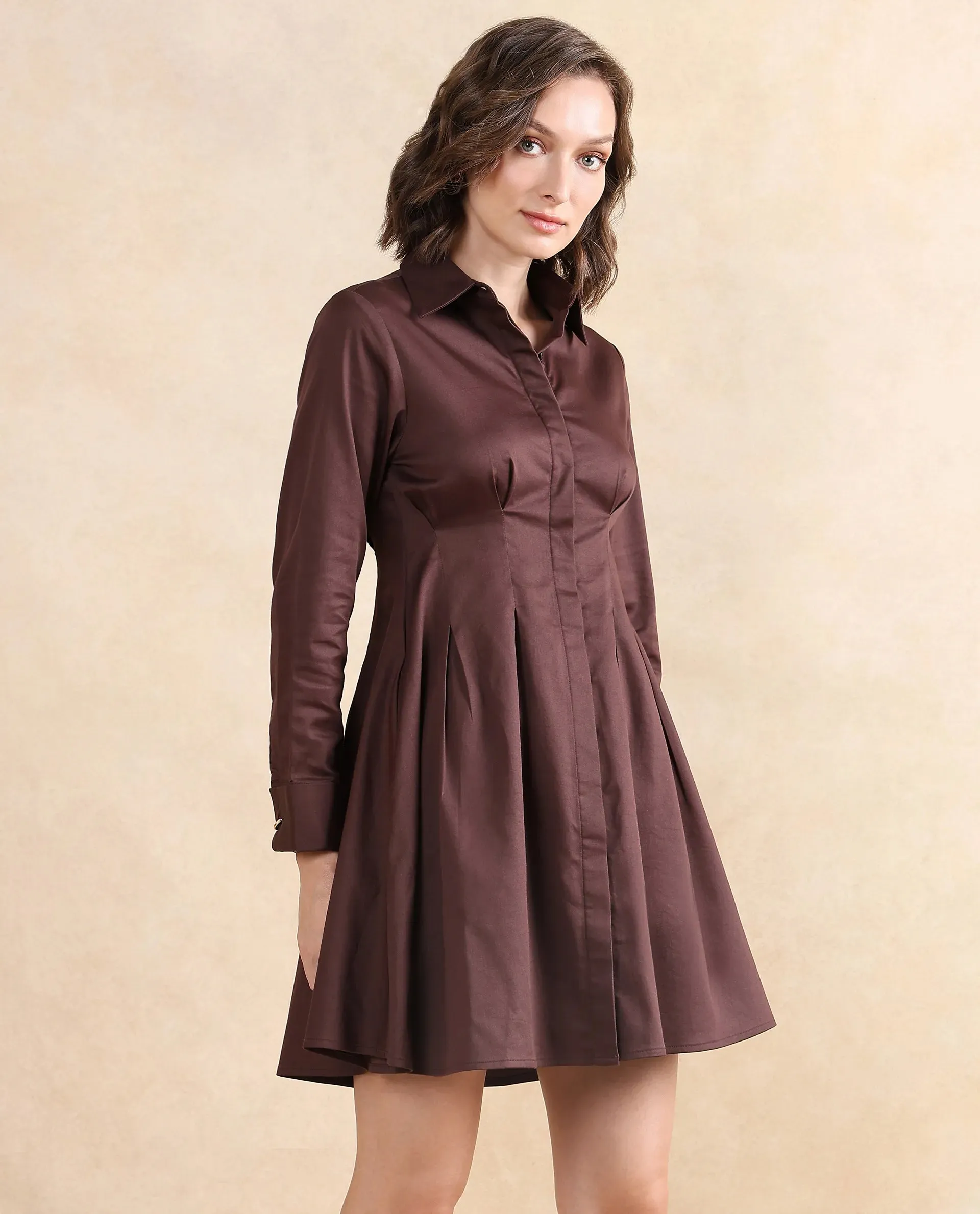 Rareism Women Bolvia Dark Brown Cuffed Sleeve Collared Neck Button Closure Flared Knee Length Plain Dress