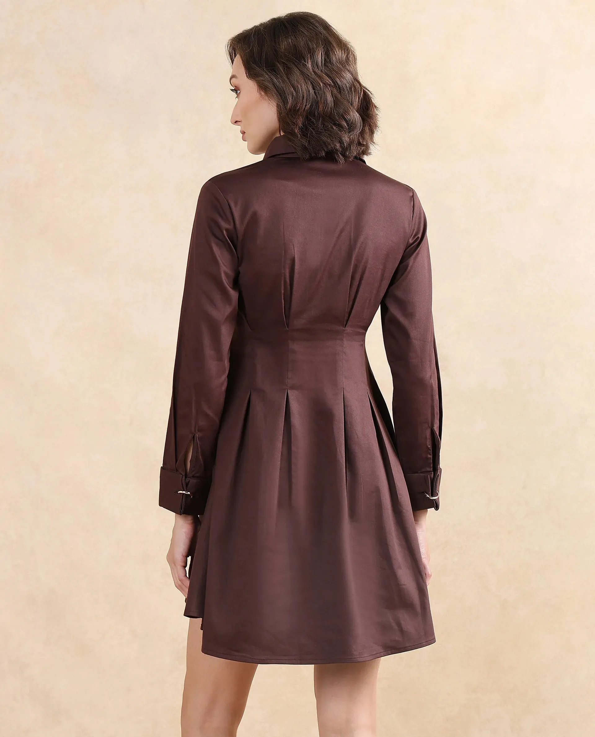 Rareism Women Bolvia Dark Brown Cuffed Sleeve Collared Neck Button Closure Flared Knee Length Plain Dress