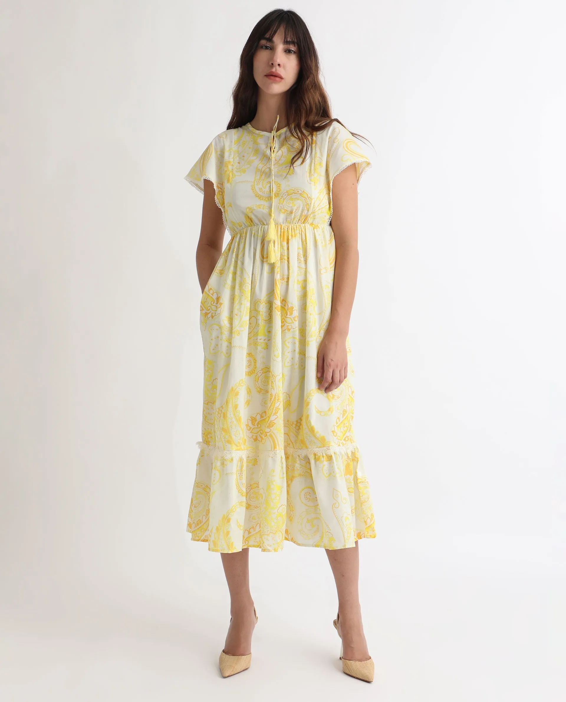 Rareism Women Lammer Light Yellow Cotton Fabric Short Sleeves Tie-Up Closure Tie-Up Neck Extended Sleeve Relaxed Fit Paisley Print Maxi Tiered Dress