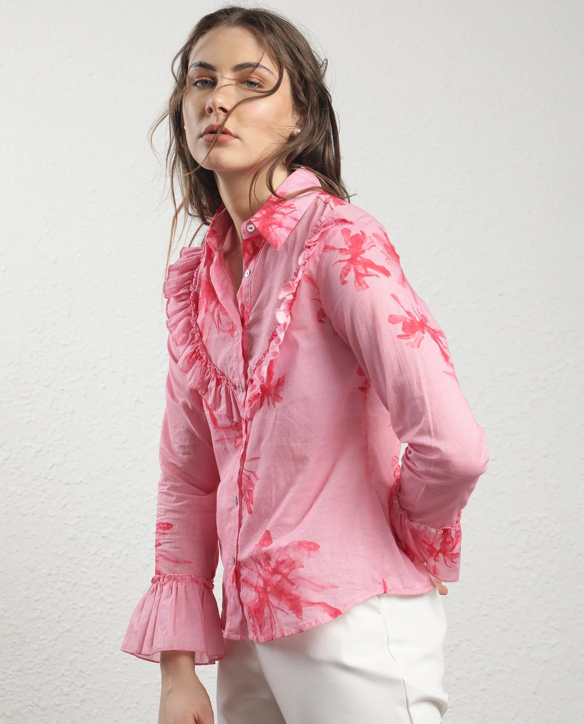 Rareism Women Lenora Light Pink Cotton Fabric Full Sleeves Button Closure Shirt Collar Ruffled Sleeves Regular Fit Floral Print Top