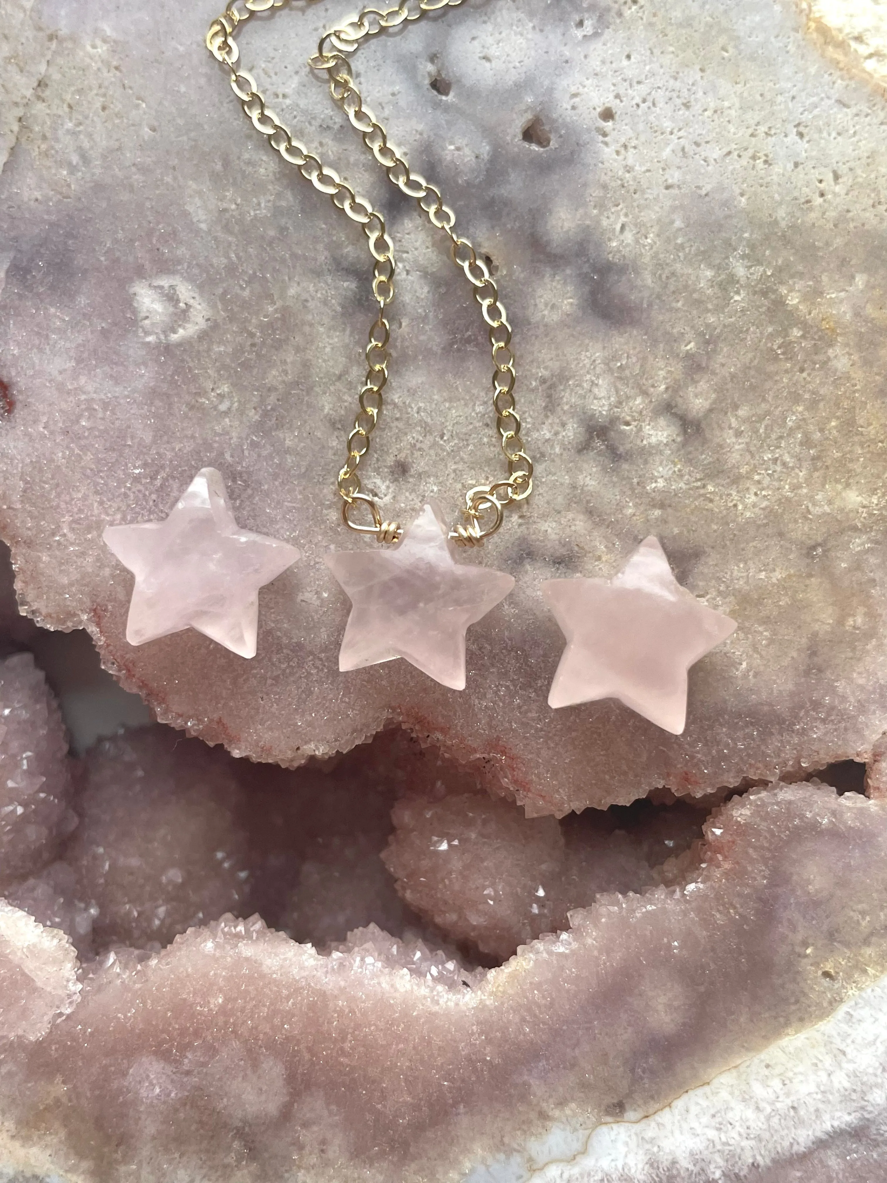 Rose Quartz Star Shaped Crystal Healing Necklace Silver or Gold Filled