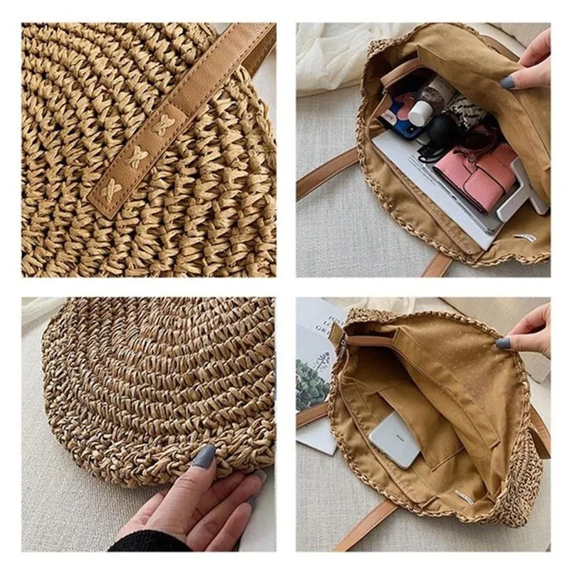 Round Straw Beach Bag Vintage Handmade Woven Shoulder Bag Raffia circle Rattan bags Bohemian Summer Vacation Casual Bags