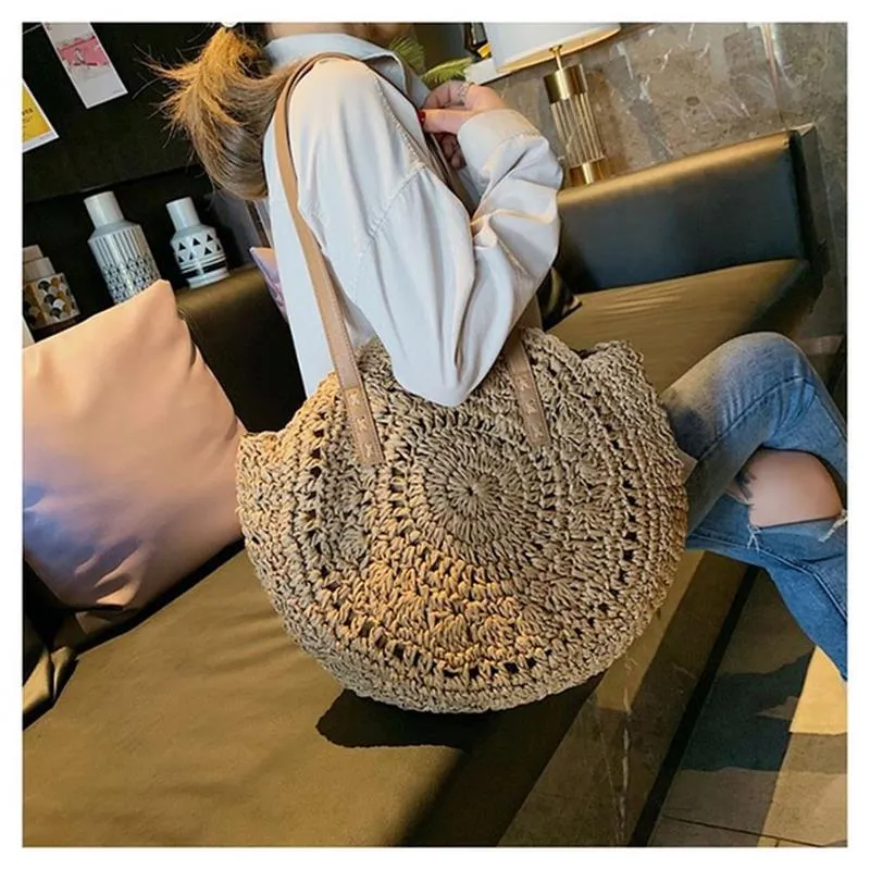 Round Straw Beach Bag Vintage Handmade Woven Shoulder Bag Raffia circle Rattan bags Bohemian Summer Vacation Casual Bags