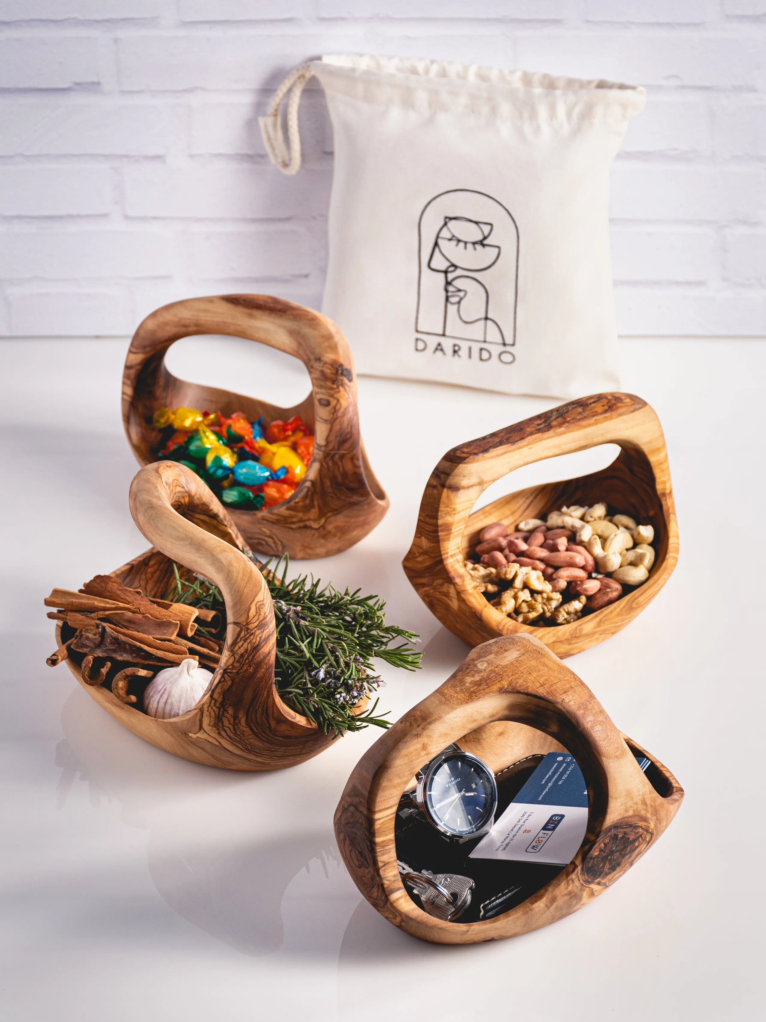 Rustic Olive Wood Decoration Basket With 3 Handles