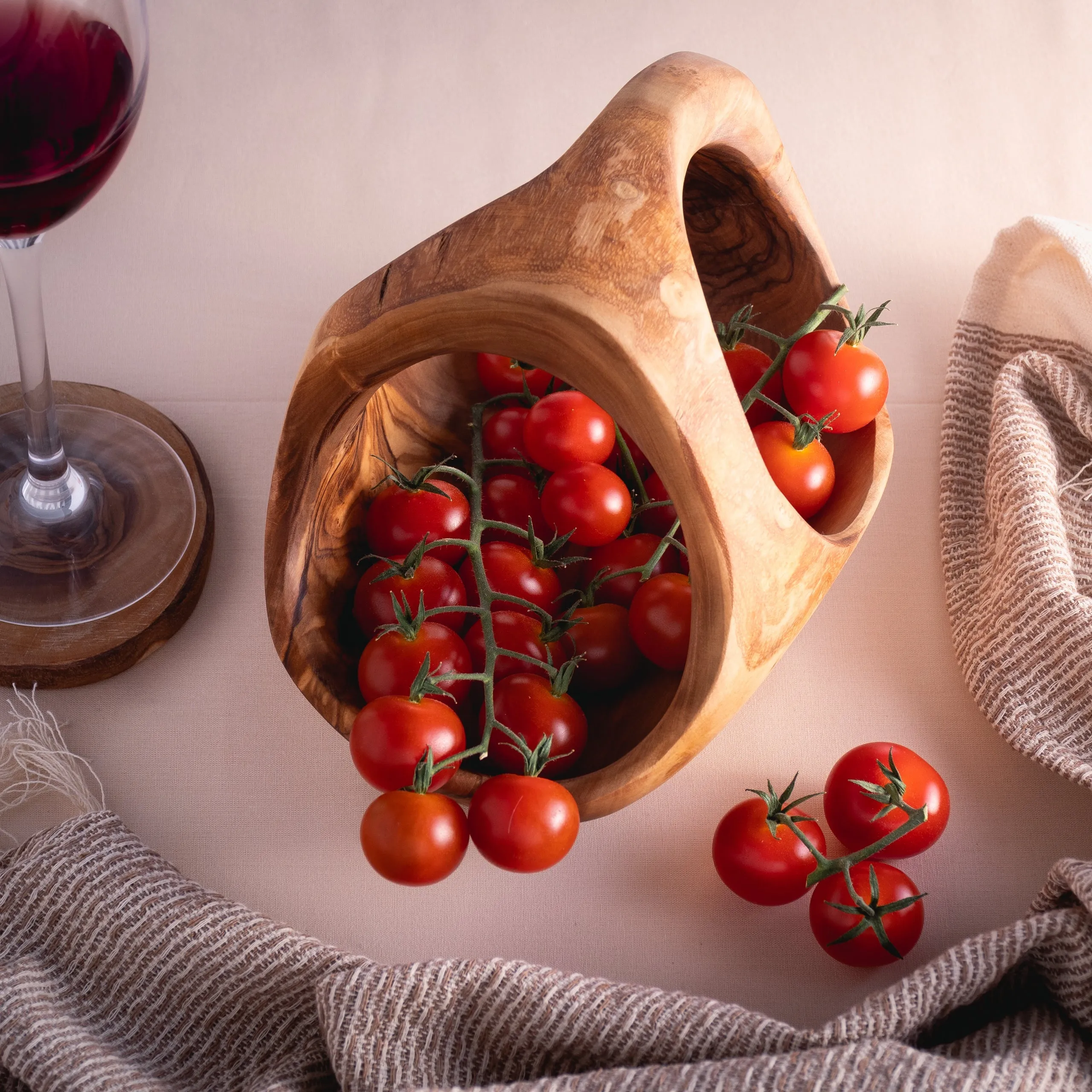 Rustic Olive Wood Decoration Basket With 3 Handles