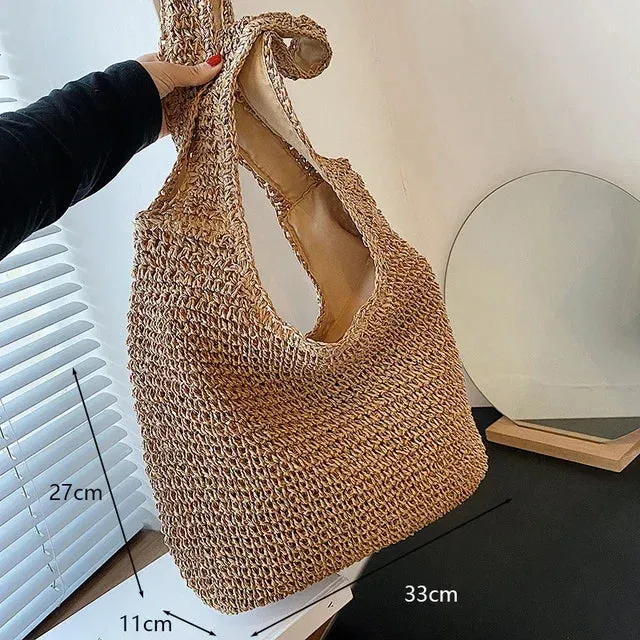 Sohiwoo Bags Rattan Vintage Travel Raffia Woven Ladies Casual Bag Shopping Vacation Bohemian Totes Summer Beach Handmade Shoulder